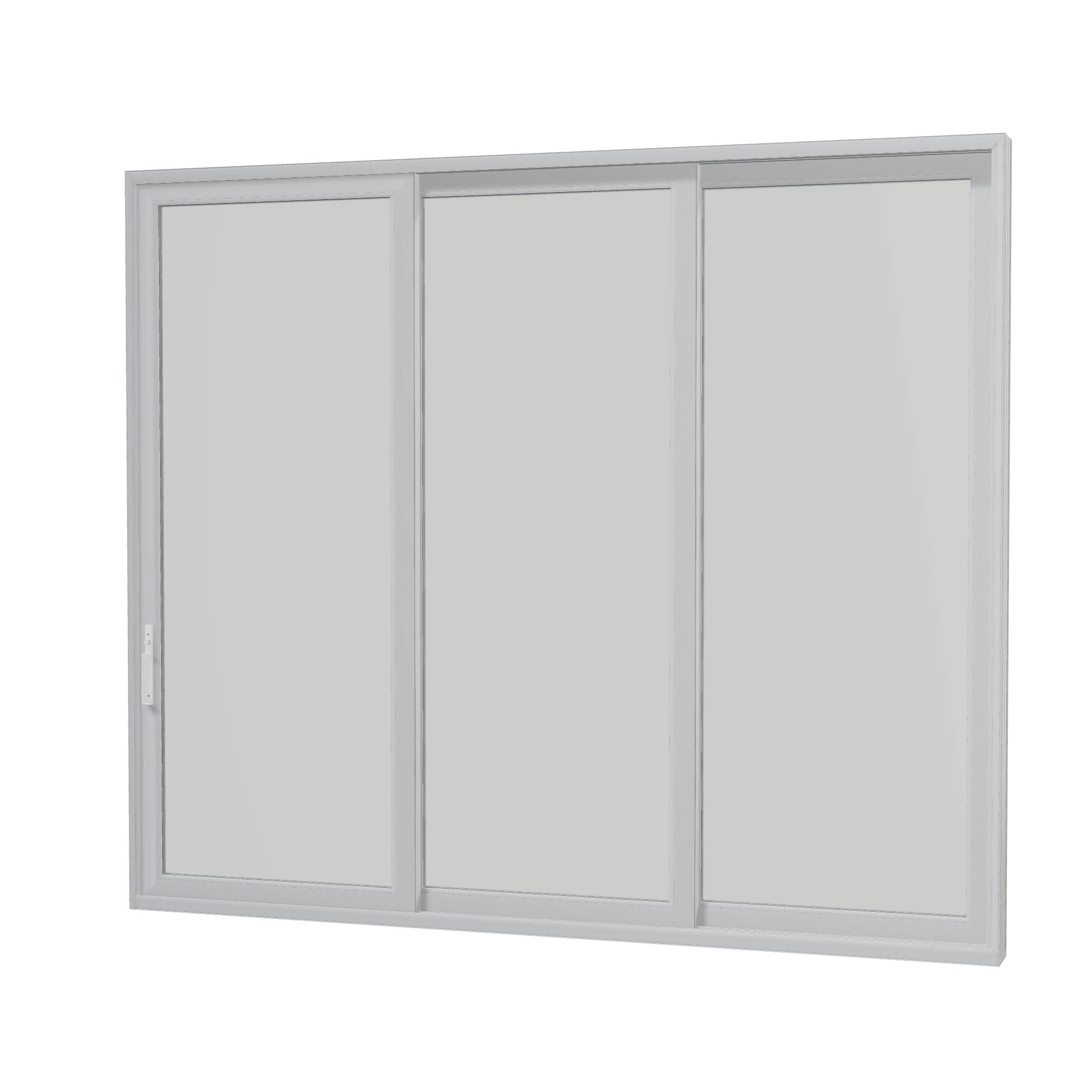 Angled interior view of Aria 139.88 × 119.25 inch 3-Panel OXX Vinyl Sliding Patio Door — White / White