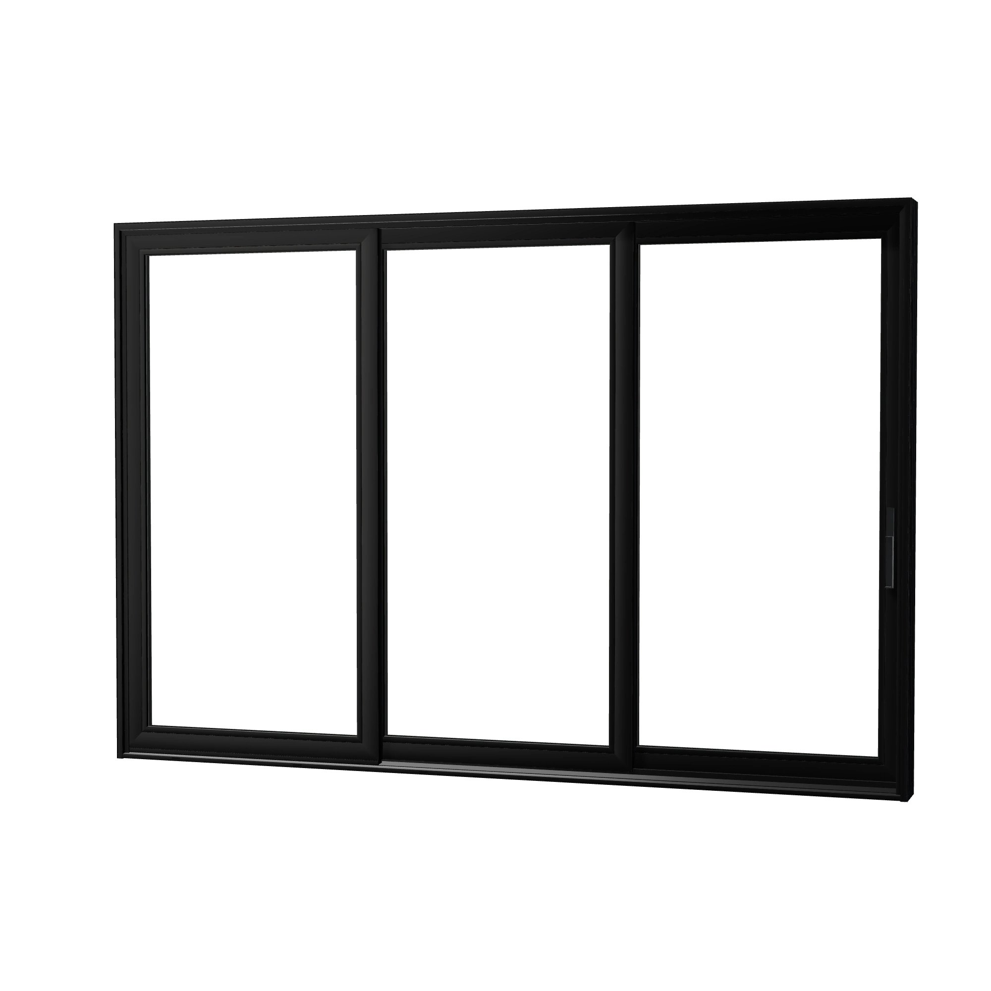 Angled exterior view of Aria 139.88 × 95.25 inch 3-Panel OXX Vinyl Sliding Patio Door — Black / White
