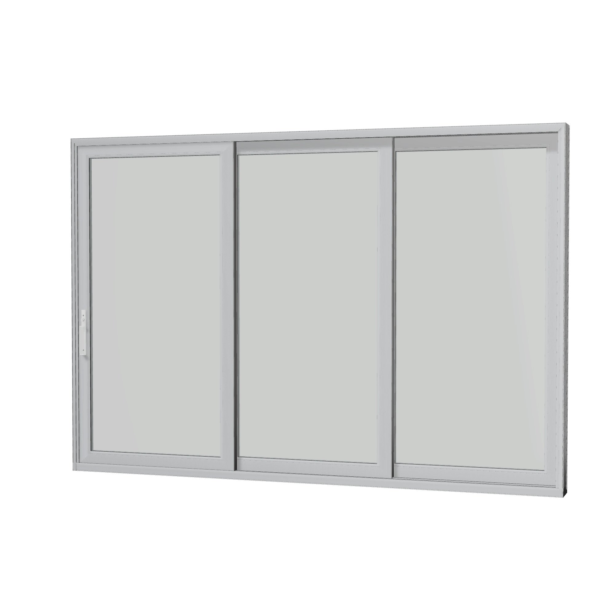Angled interior view of Aria 139.88 × 95.25 inch 3-Panel OXX Vinyl Sliding Patio Door — Black / White