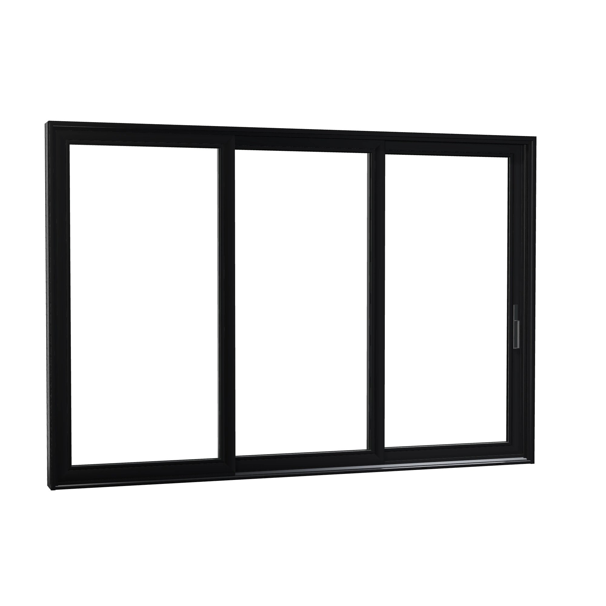 Opposite exterior angle of Aria 139.88 × 95.25 inch 3-Panel OXX Vinyl Sliding Patio Door — Black / White