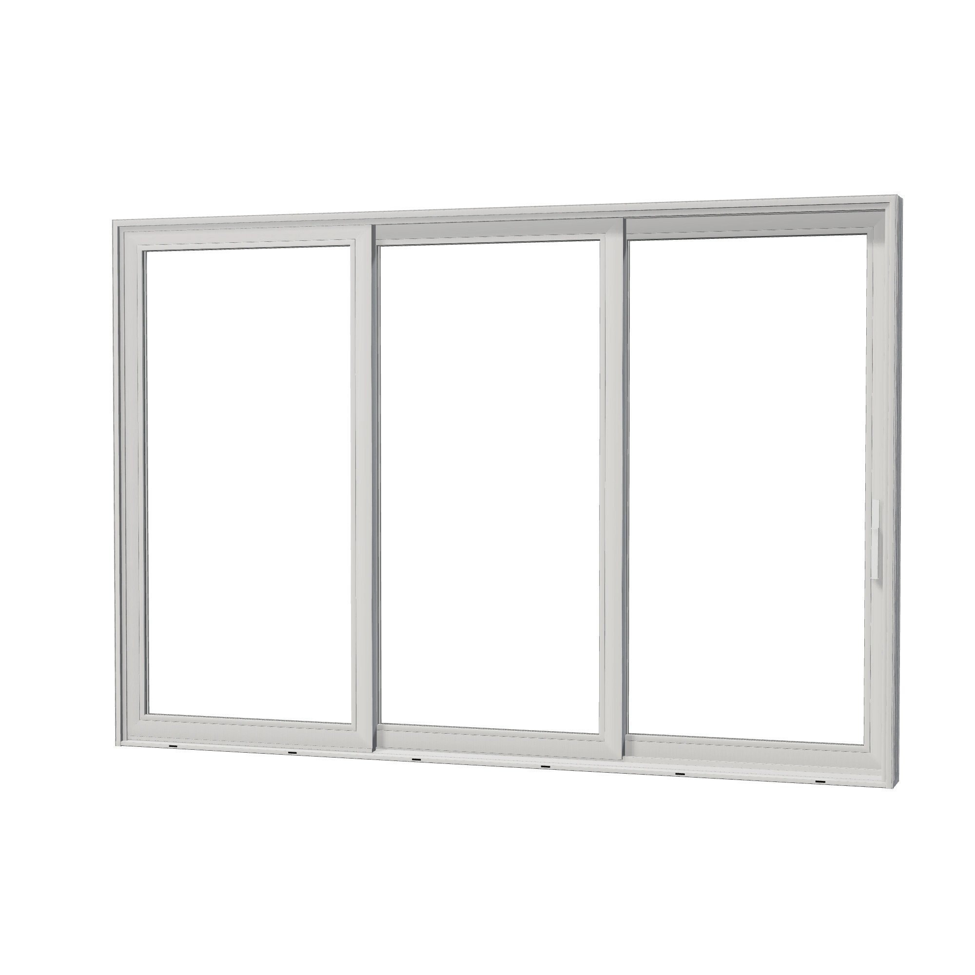 Angled exterior view of Aria 139.88 × 95.25 inch 3-Panel OXX Vinyl Sliding Patio Door — White / White
