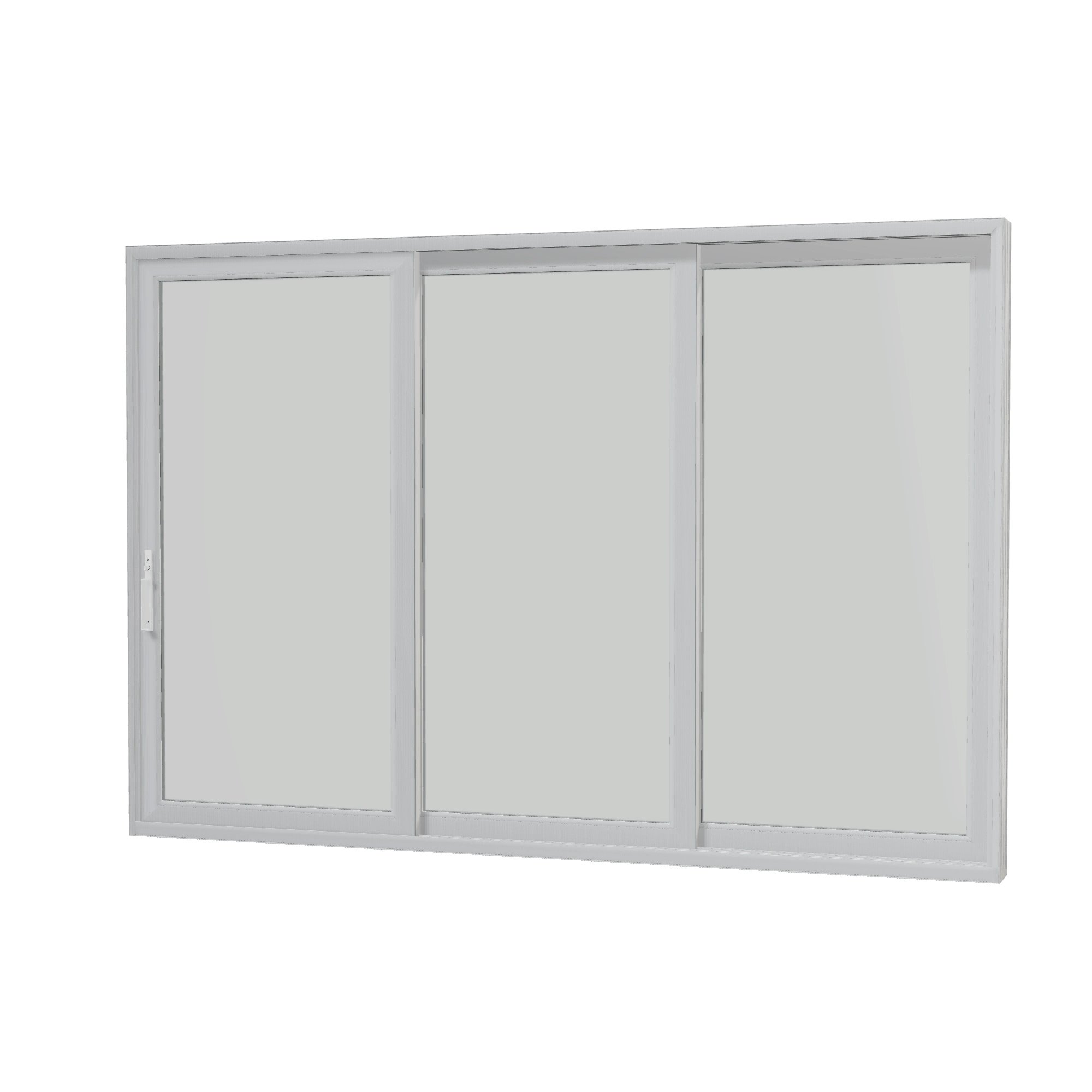 Angled interior view of Aria 139.88 × 95.25 inch 3-Panel OXX Vinyl Sliding Patio Door — White / White