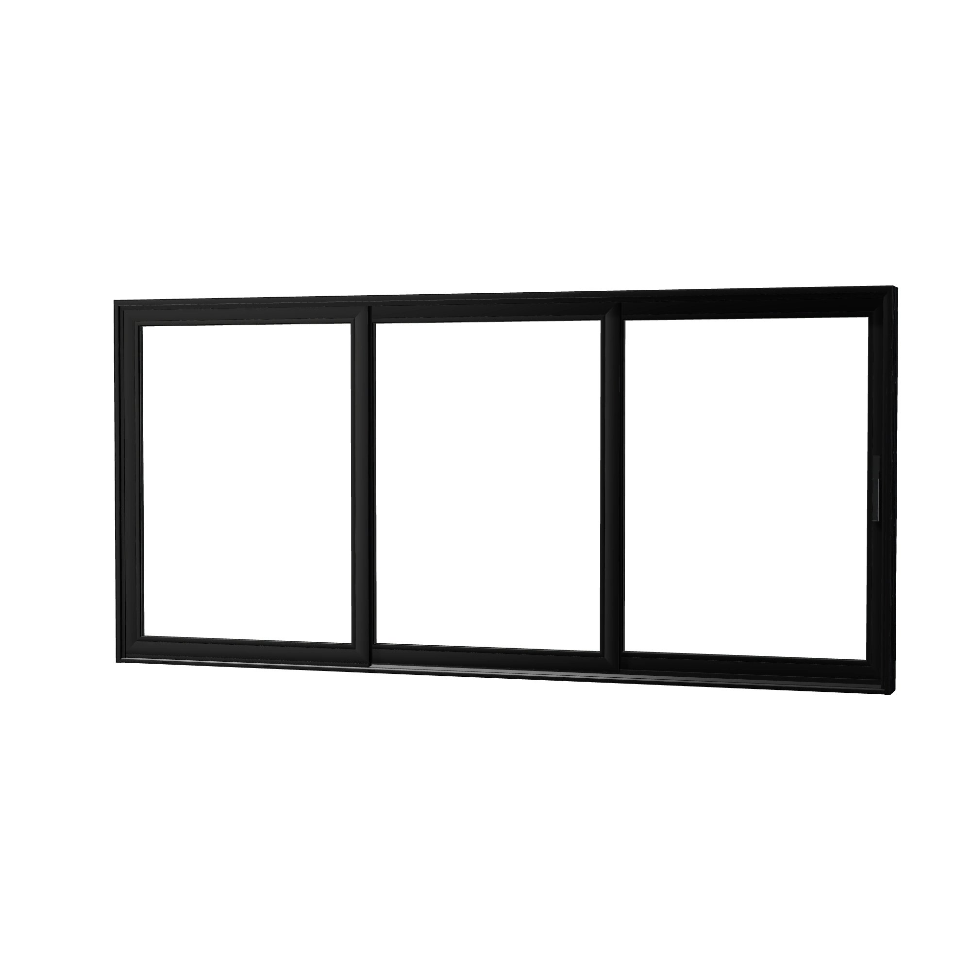 Angled exterior view of Aria 168 × 79.25 inch 3-Panel OXX Vinyl Sliding Patio Door — Black / White