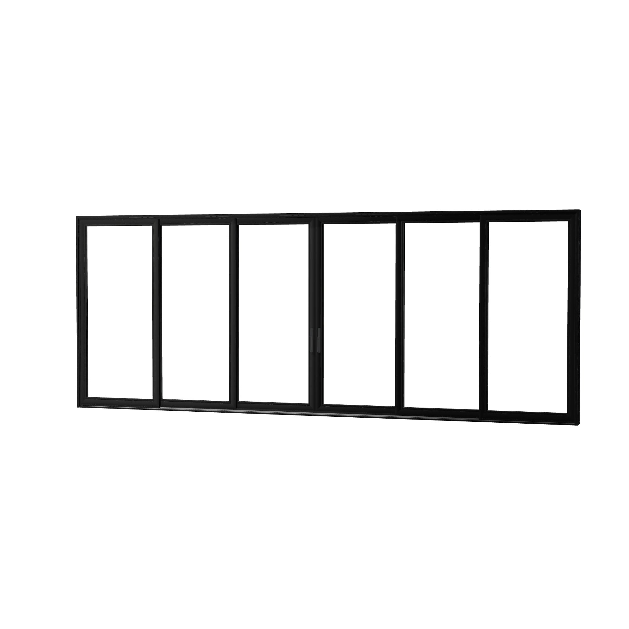 Angled exterior view of Aria 278.06 × 107.25 inch 6-Panel OXXXXO Vinyl Sliding Patio Door — Black / White