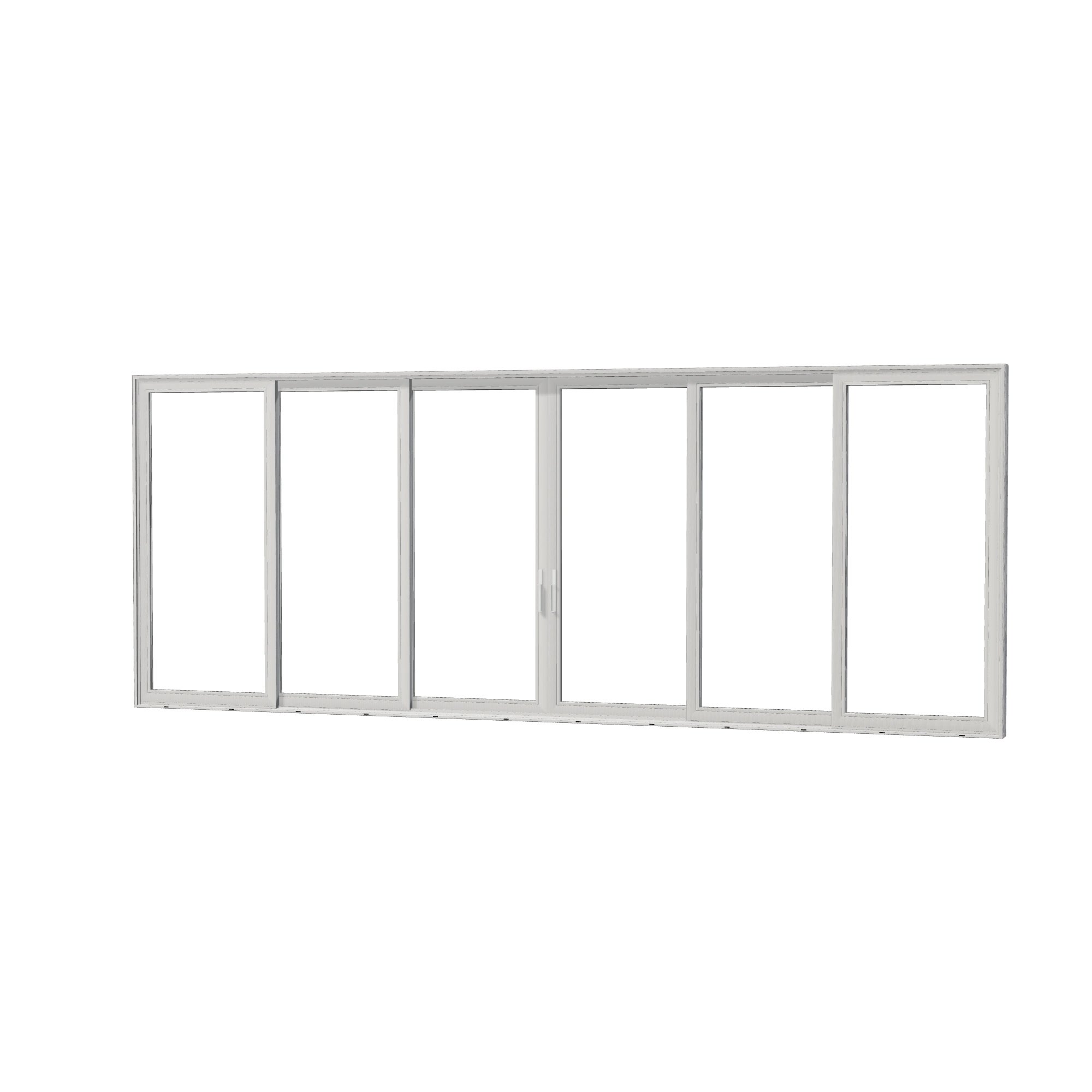 Angled exterior view of Aria 278.06 × 107.25 inch 6-Panel OXXXXO Vinyl Sliding Patio Door — White / White