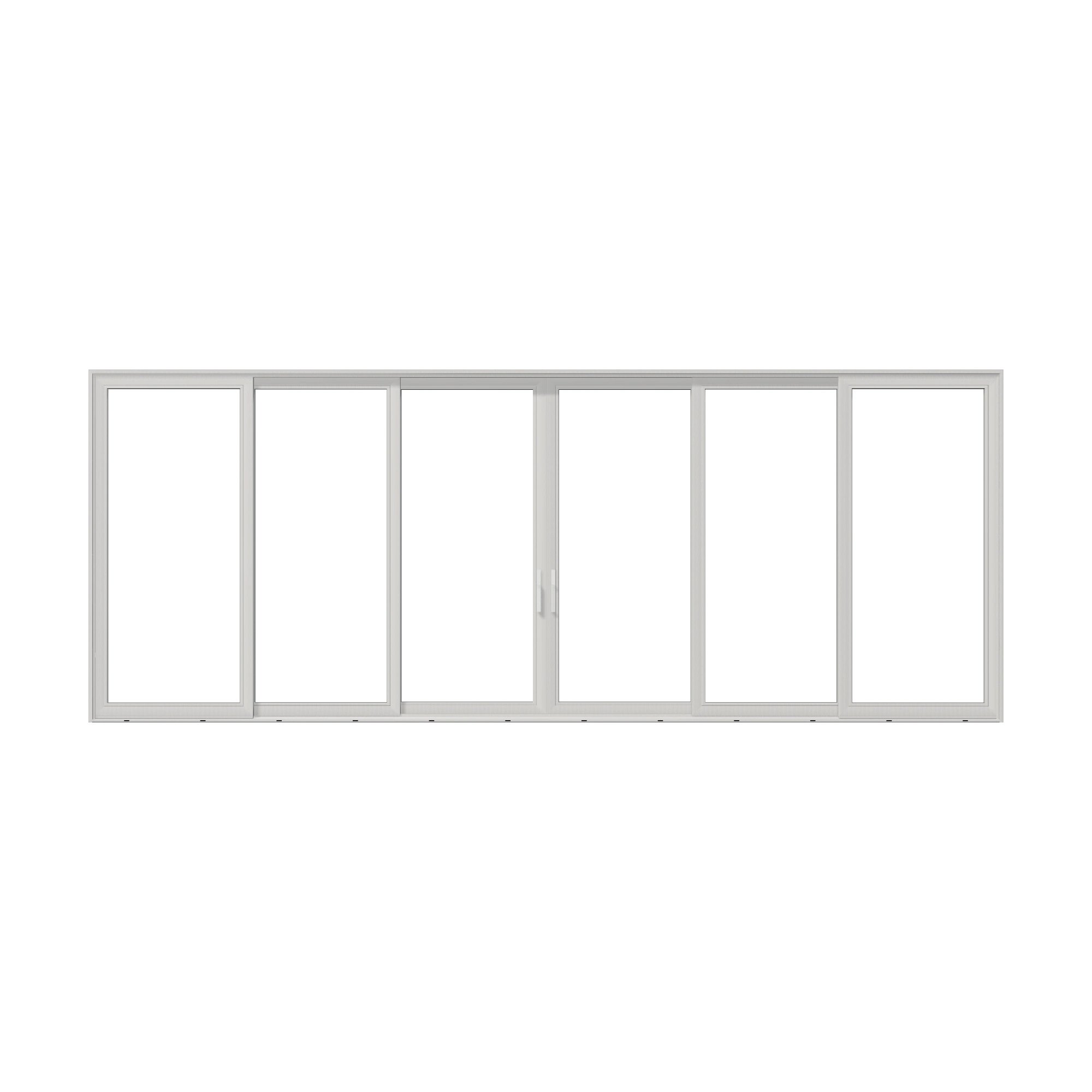 Straight exterior view of Aria 278.06 × 107.25 inch 6-Panel OXXXXO Vinyl Sliding Patio Door — White / White
