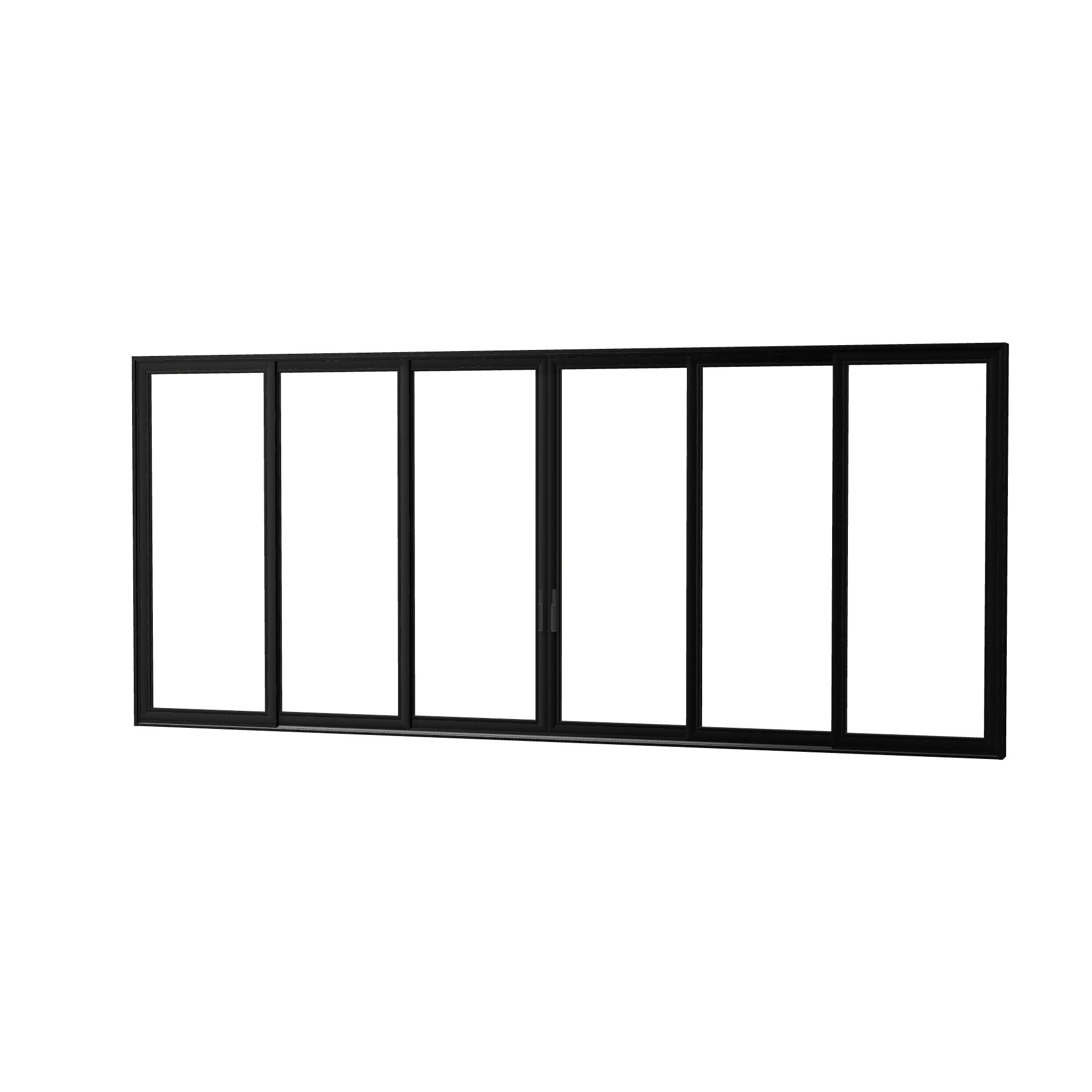 Angled exterior view of Aria 278.06 × 119.25 inch 6-Panel OXXXXO Vinyl Sliding Patio Door — Black / White