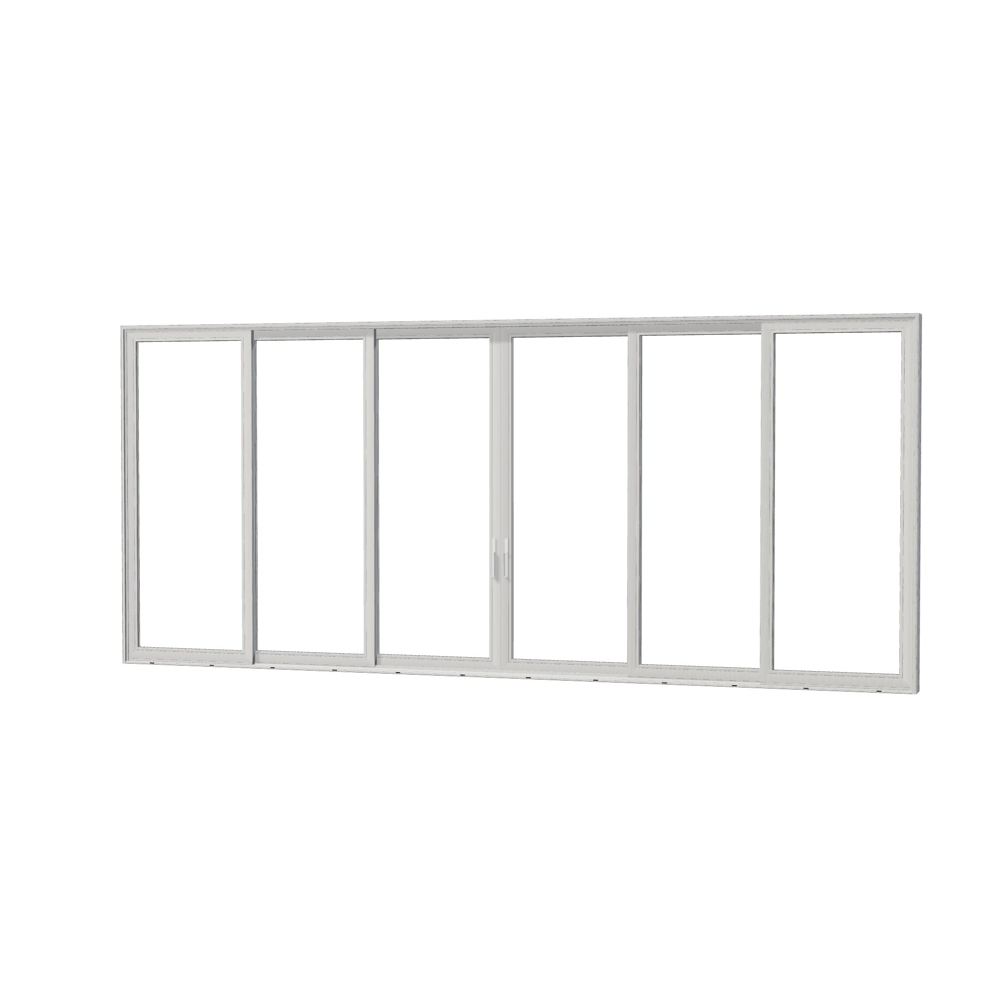 Angled exterior view of Aria 278.06 × 119.25 inch 6-Panel OXXXXO Vinyl Sliding Patio Door — White / White