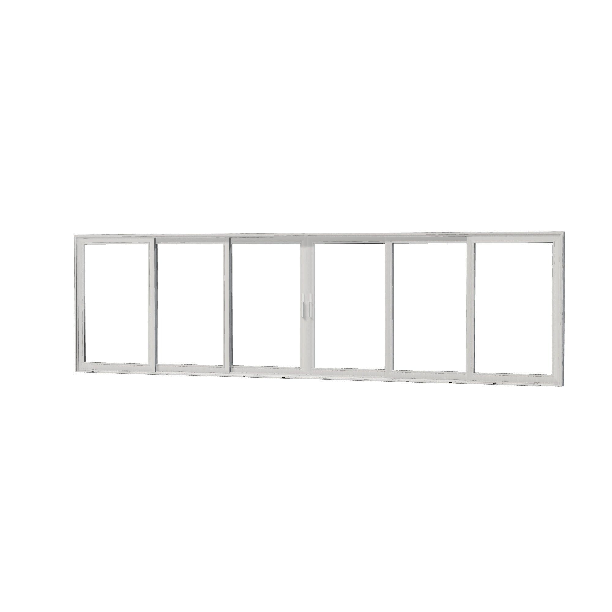 Angled exterior view of Aria 278.06 × 79.25 inch 6-Panel OXXXXO Vinyl Sliding Patio Door — White / White