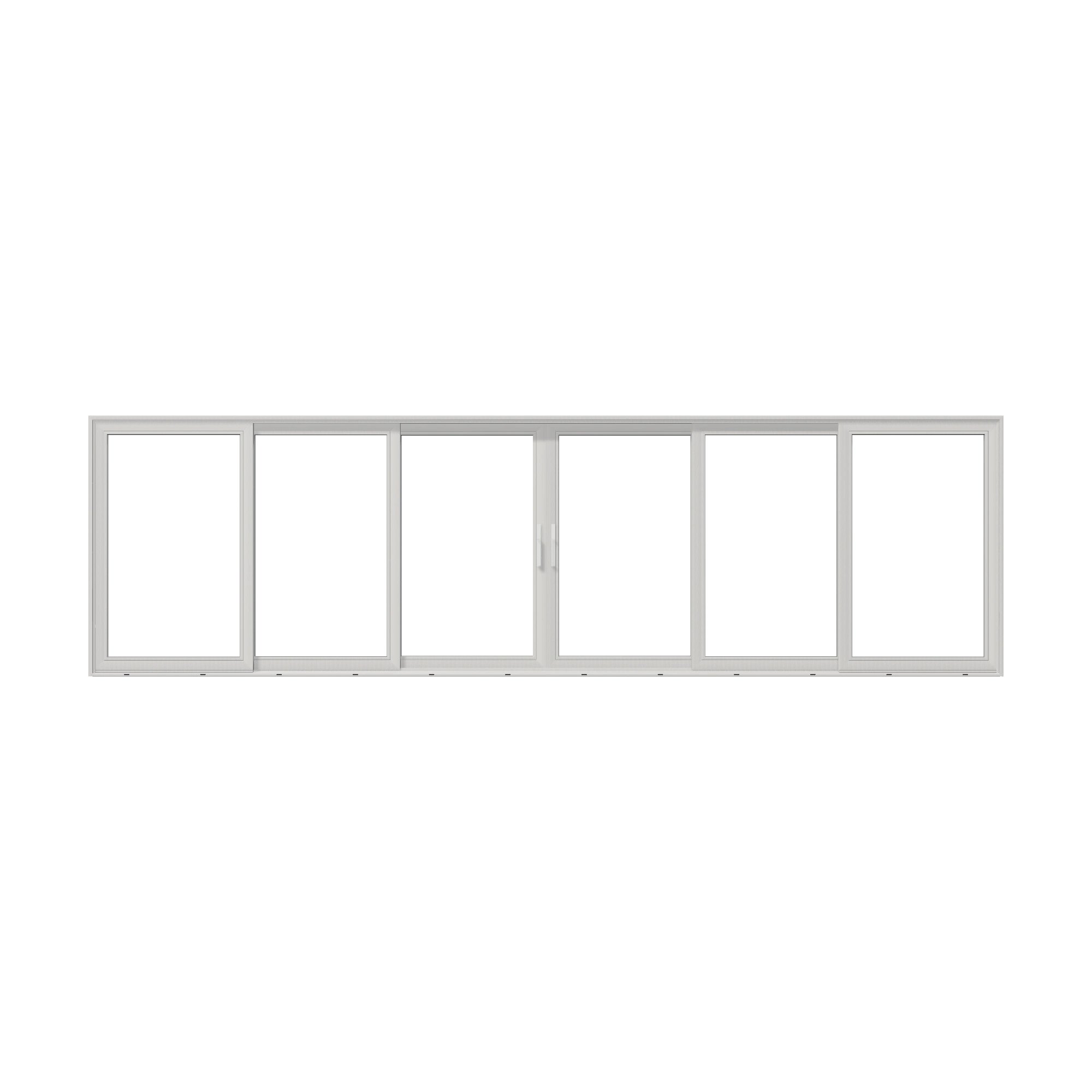 Straight exterior view of Aria 278.06 × 79.25 inch 6-Panel OXXXXO Vinyl Sliding Patio Door — White / White