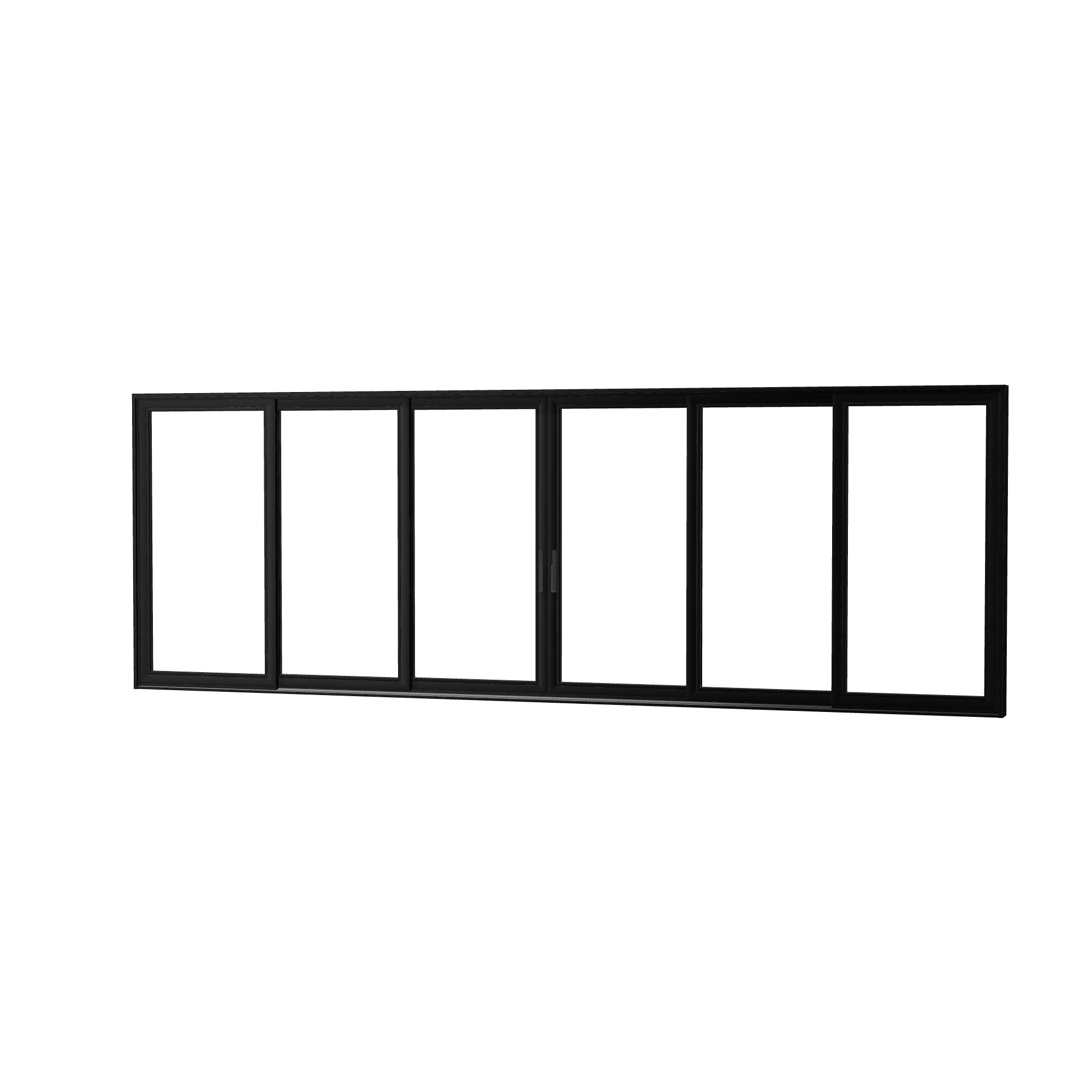 Angled exterior view of Aria 278.06 × 95.25 inch 6-Panel OXXXXO Vinyl Sliding Patio Door — Black / White