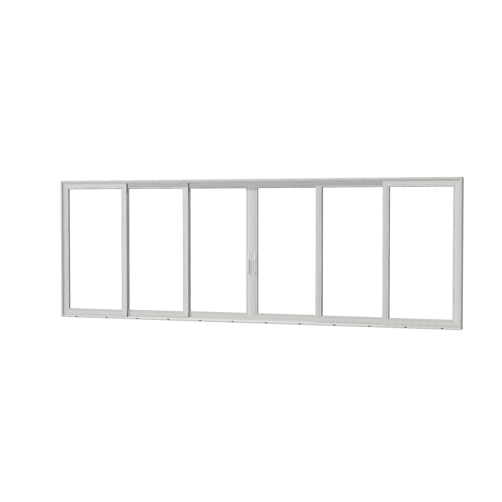 Angled exterior view of Aria 278.06 × 95.25 inch 6-Panel OXXXXO Vinyl Sliding Patio Door — White / White