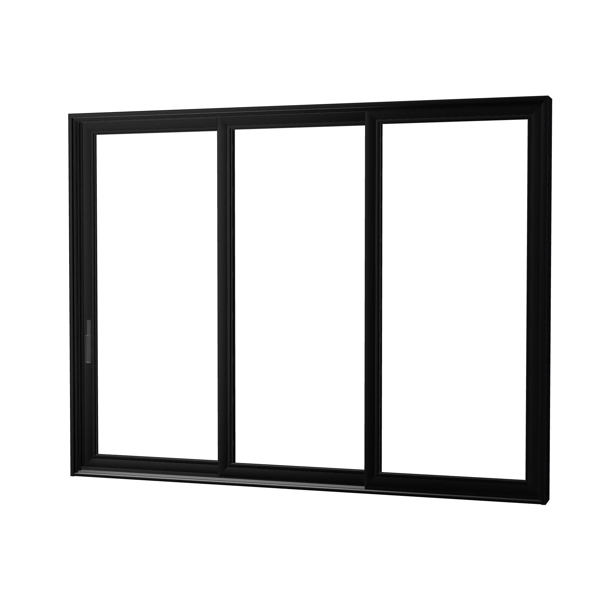 Angled exterior view of Aria 139.88 × 107.25 inch 3-Panel XXO Vinyl Sliding Patio Door — Black / White