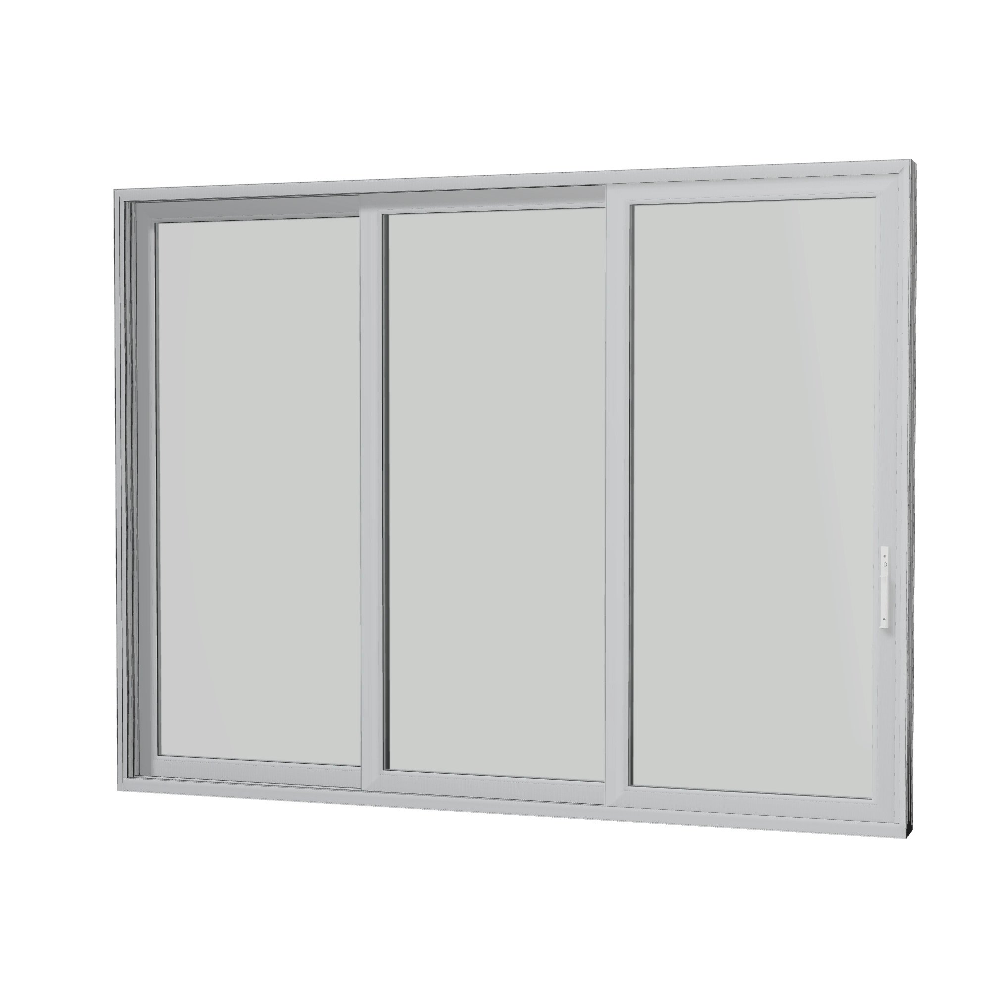 Angled interior view of Aria 139.88 × 107.25 inch 3-Panel XXO Vinyl Sliding Patio Door — Black / White