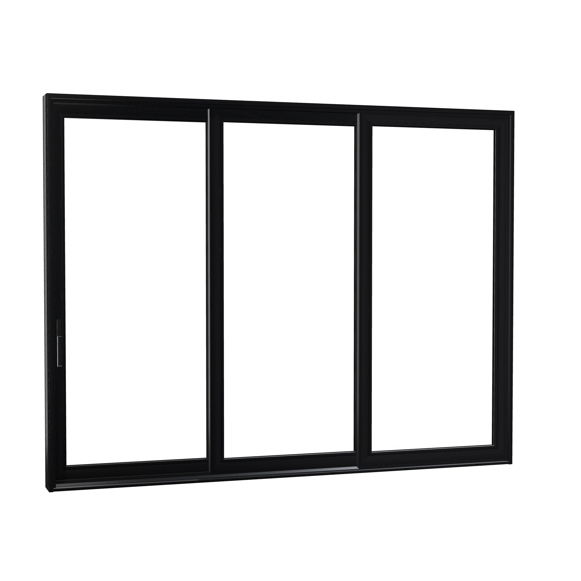 Opposite exterior angle of Aria 139.88 × 107.25 inch 3-Panel XXO Vinyl Sliding Patio Door — Black / White