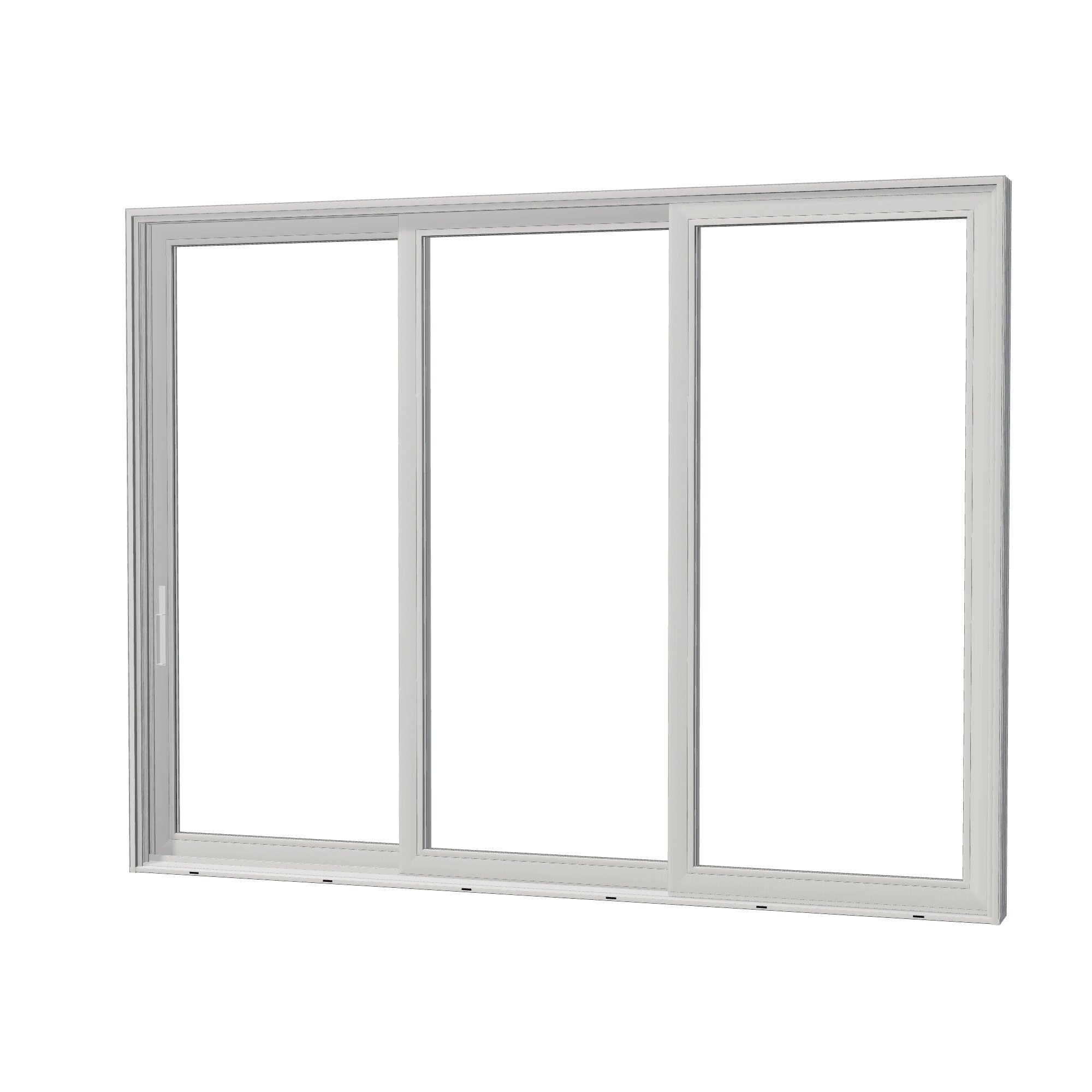 Angled exterior view of Aria 139.88 × 107.25 inch 3-Panel XXO Vinyl Sliding Patio Door — White / White