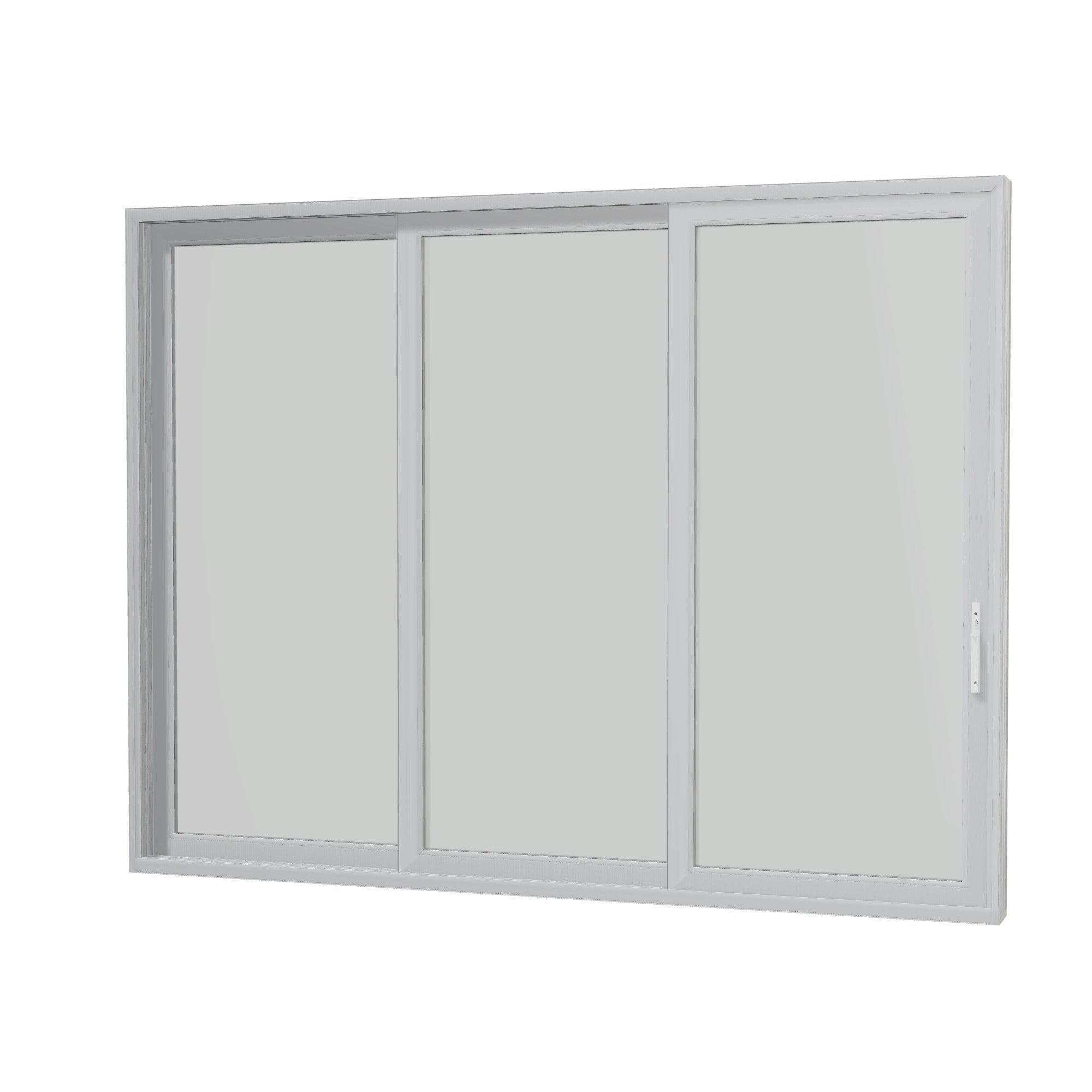 Angled interior view of Aria 139.88 × 107.25 inch 3-Panel XXO Vinyl Sliding Patio Door — White / White