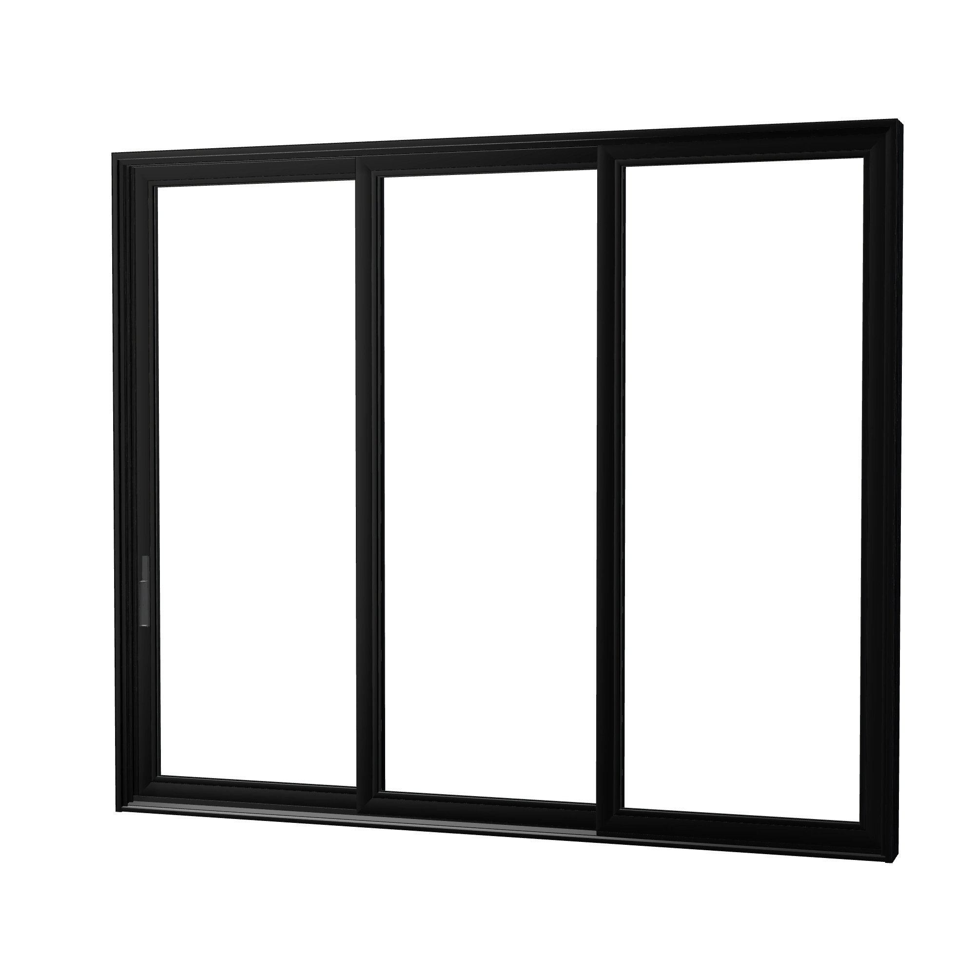 Angled exterior view of Aria 139.88 × 119.25 inch 3-Panel XXO Vinyl Sliding Patio Door — Black / White