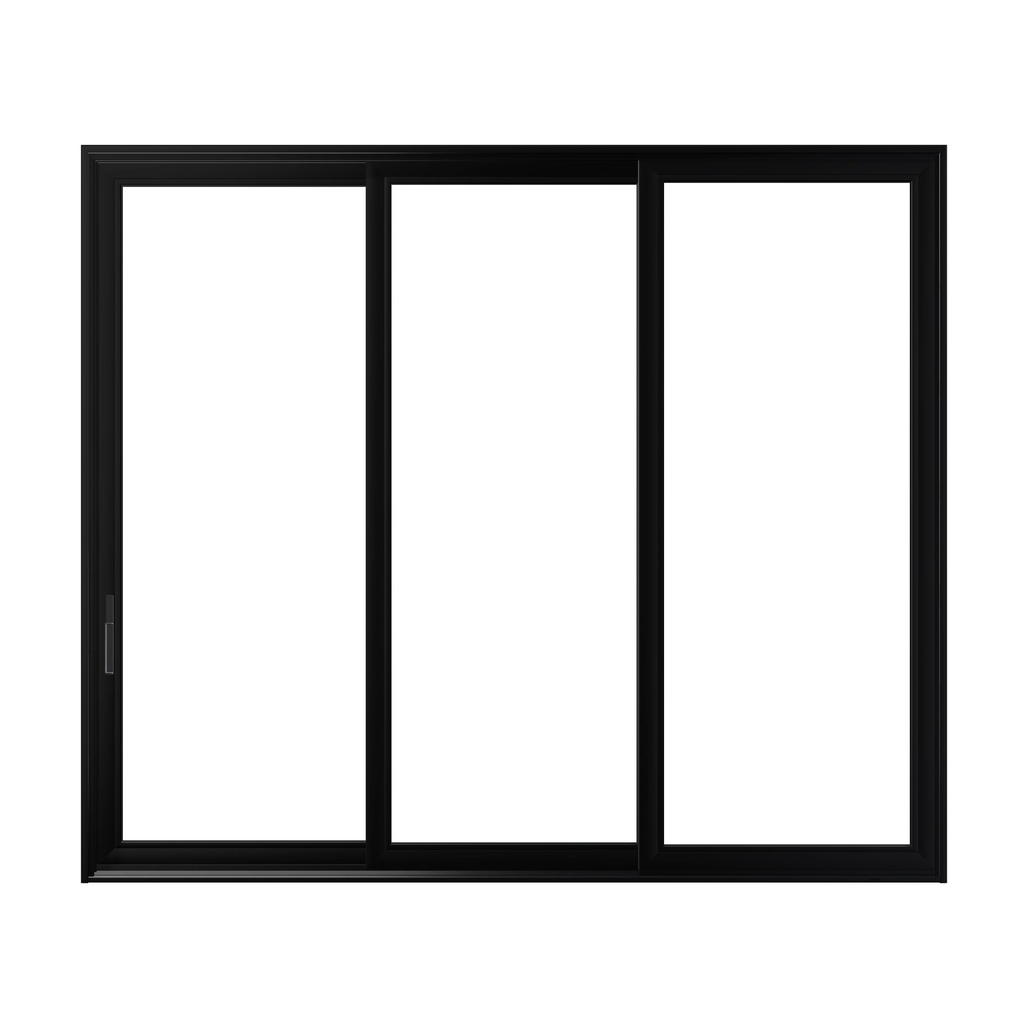 Straight exterior view of Aria 139.88 × 119.25 inch 3-Panel XXO Vinyl Sliding Patio Door — Black / White