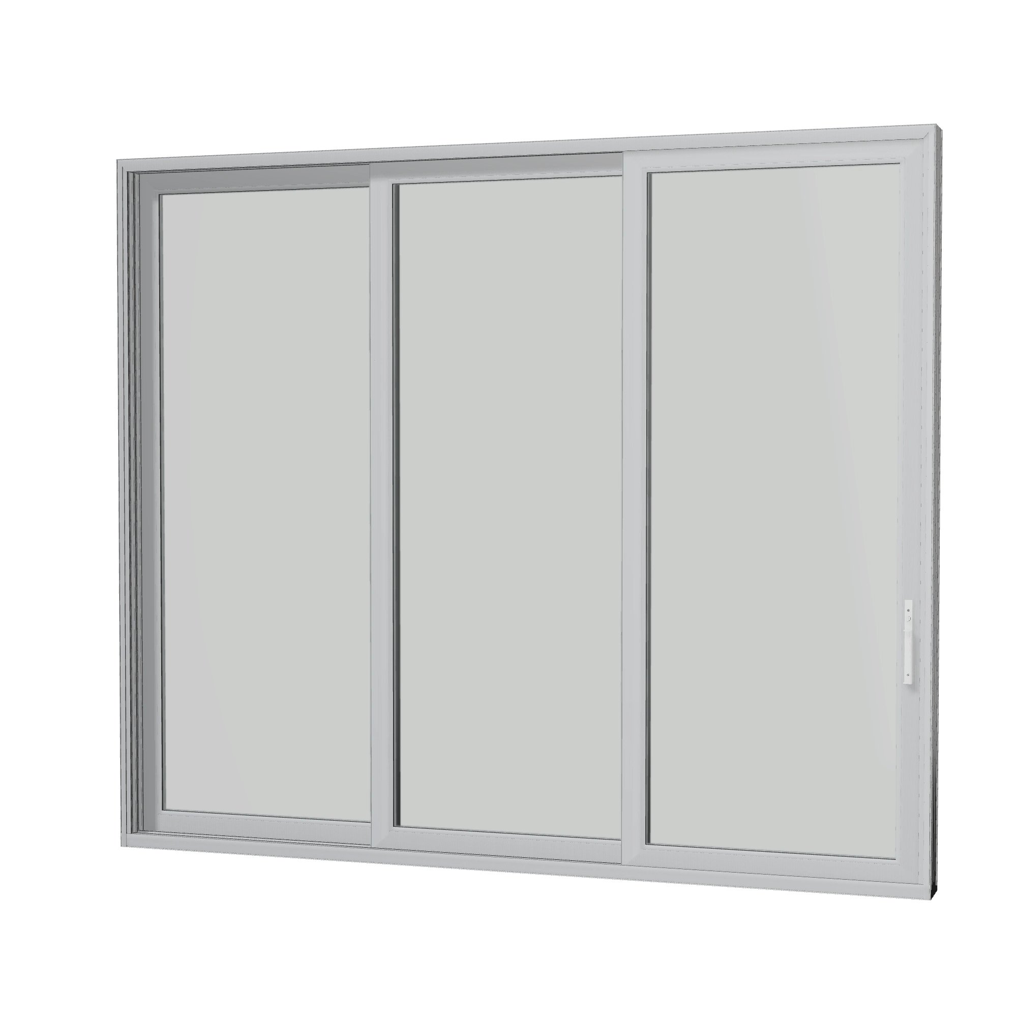 Angled interior view of Aria 139.88 × 119.25 inch 3-Panel XXO Vinyl Sliding Patio Door — Black / White