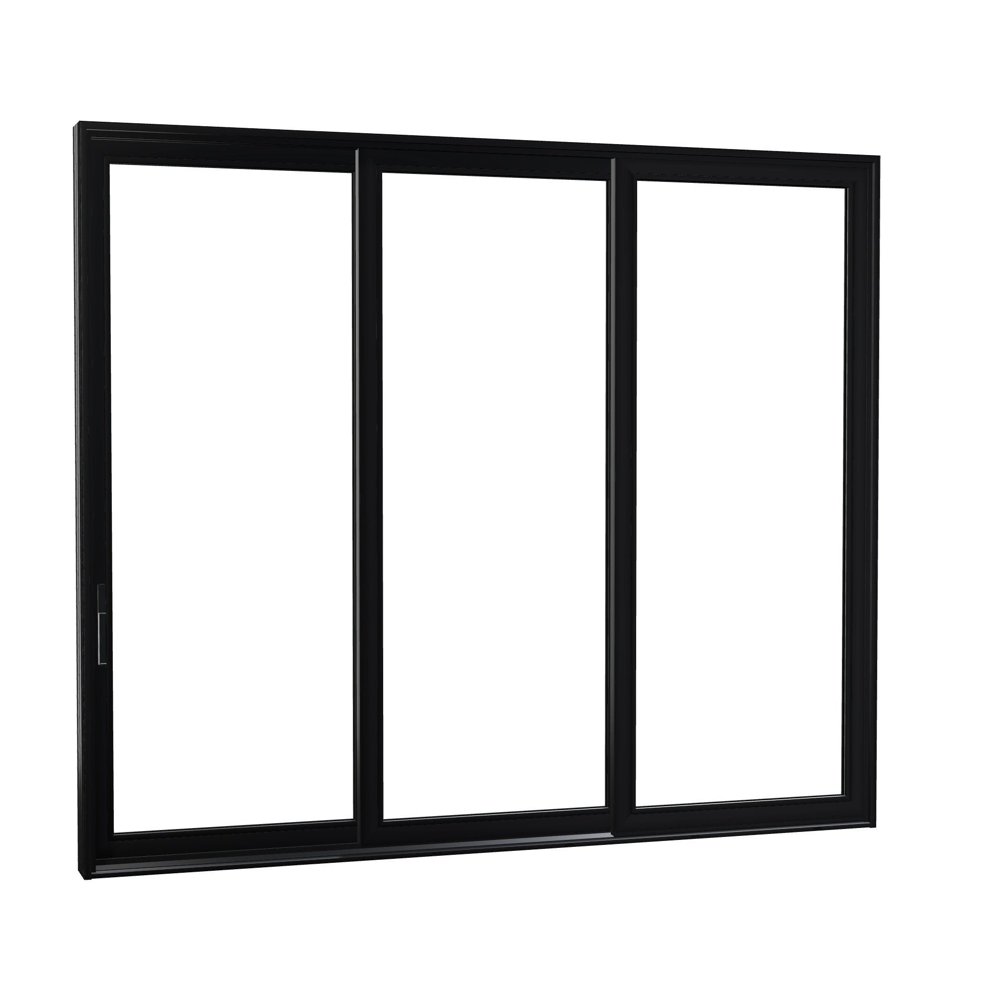 Opposite exterior angle of Aria 139.88 × 119.25 inch 3-Panel XXO Vinyl Sliding Patio Door — Black / White