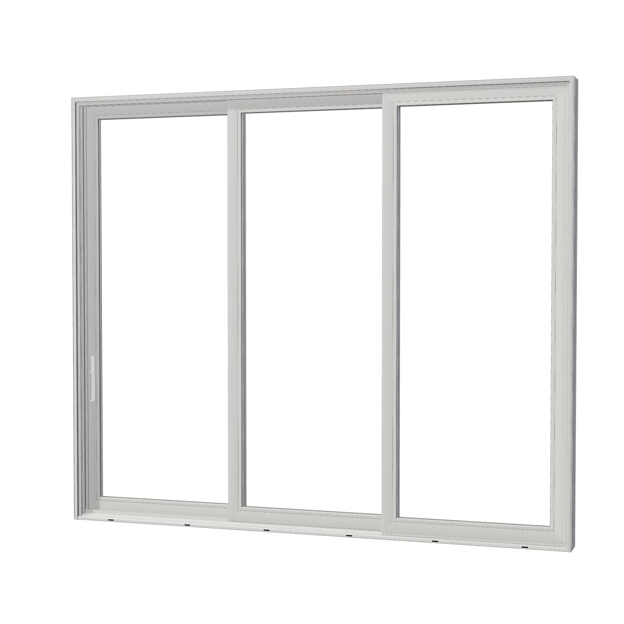 Angled exterior view of Aria 139.88 × 119.25 inch 3-Panel XXO Vinyl Sliding Patio Door — White / White