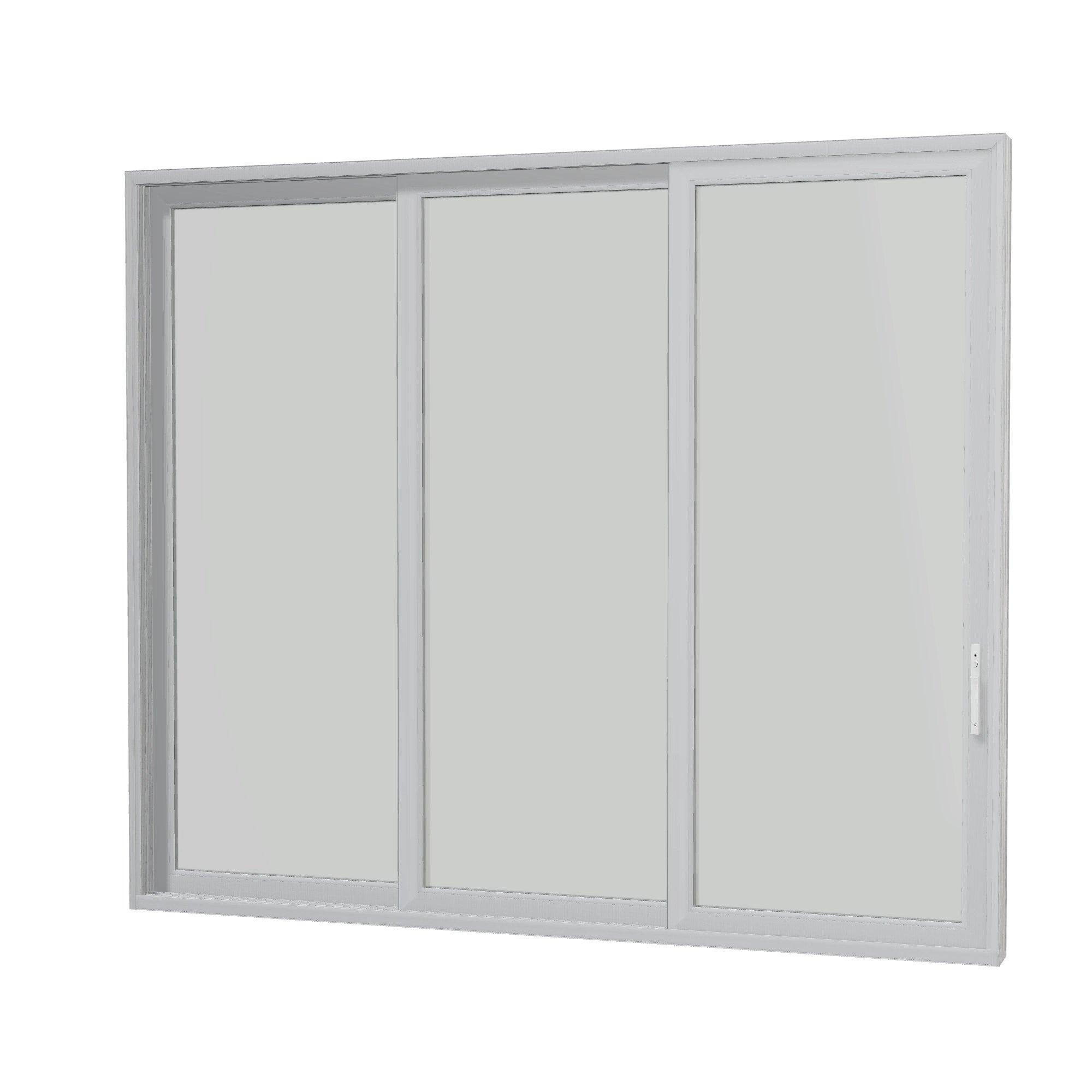 Angled interior view of Aria 139.88 × 119.25 inch 3-Panel XXO Vinyl Sliding Patio Door — White / White