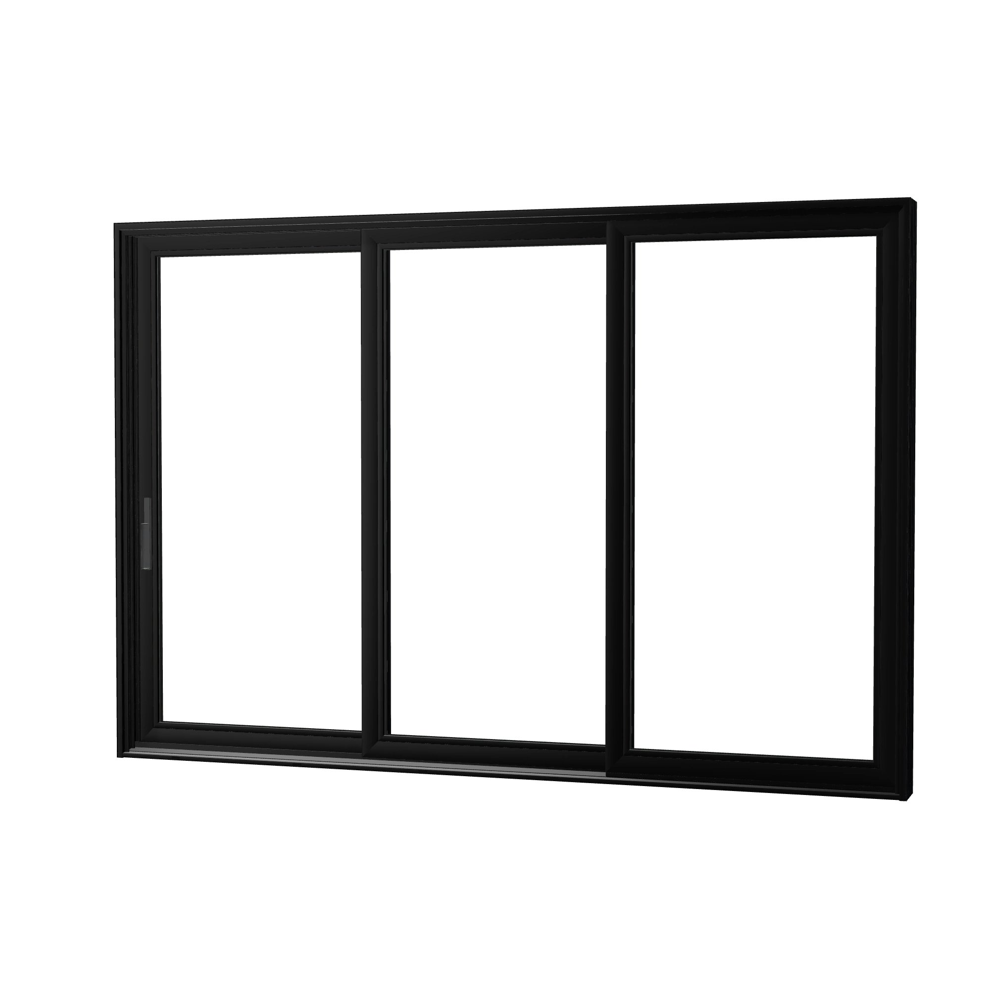 Angled exterior view of Aria 139.88 × 95.25 inch 3-Panel XXO Vinyl Sliding Patio Door — Black / White