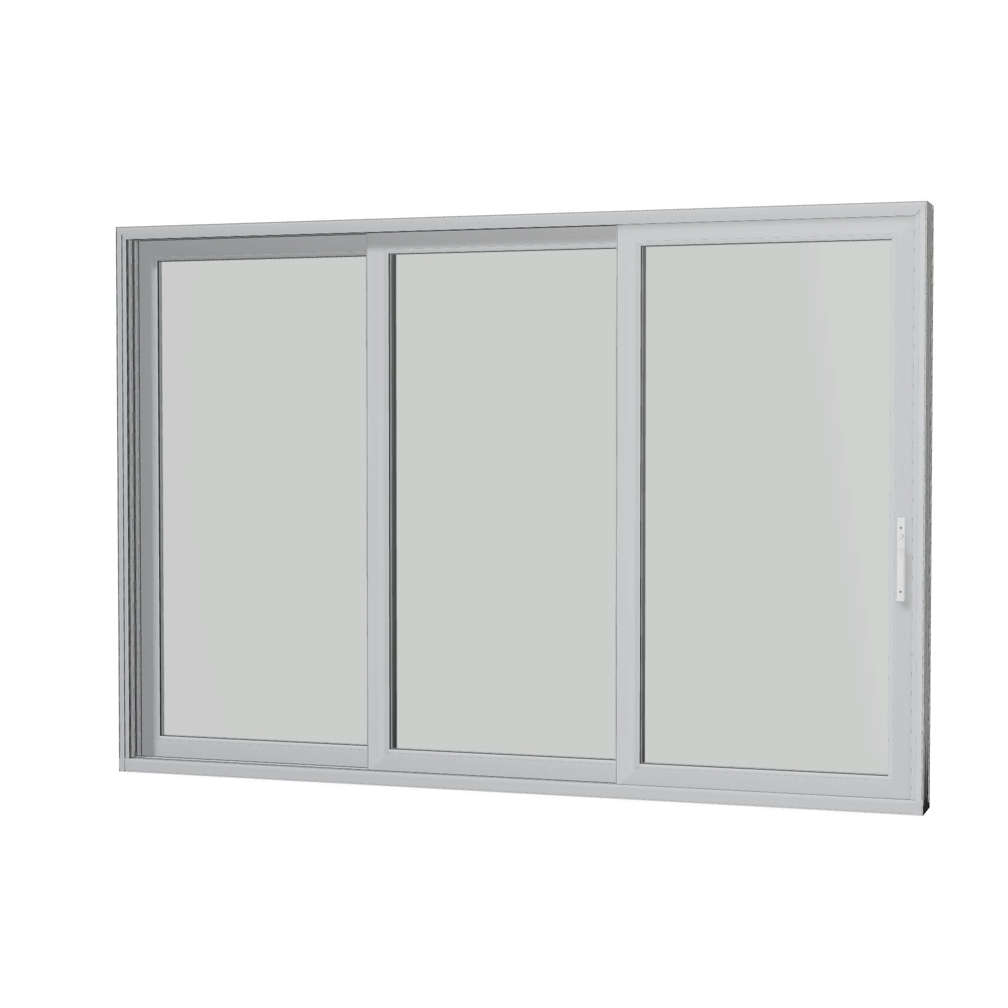Angled interior view of Aria 139.88 × 95.25 inch 3-Panel XXO Vinyl Sliding Patio Door — Black / White