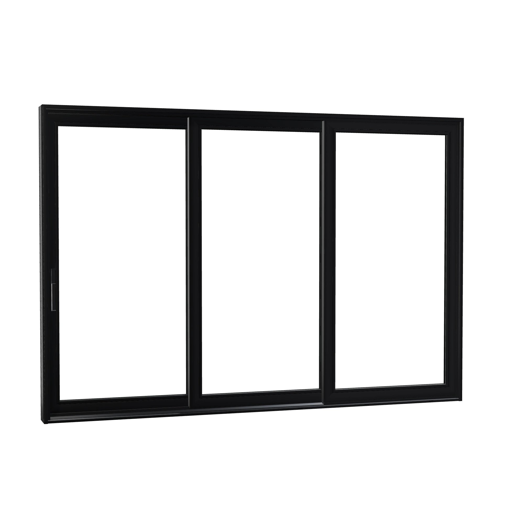 Opposite exterior angle of Aria 139.88 × 95.25 inch 3-Panel XXO Vinyl Sliding Patio Door — Black / White