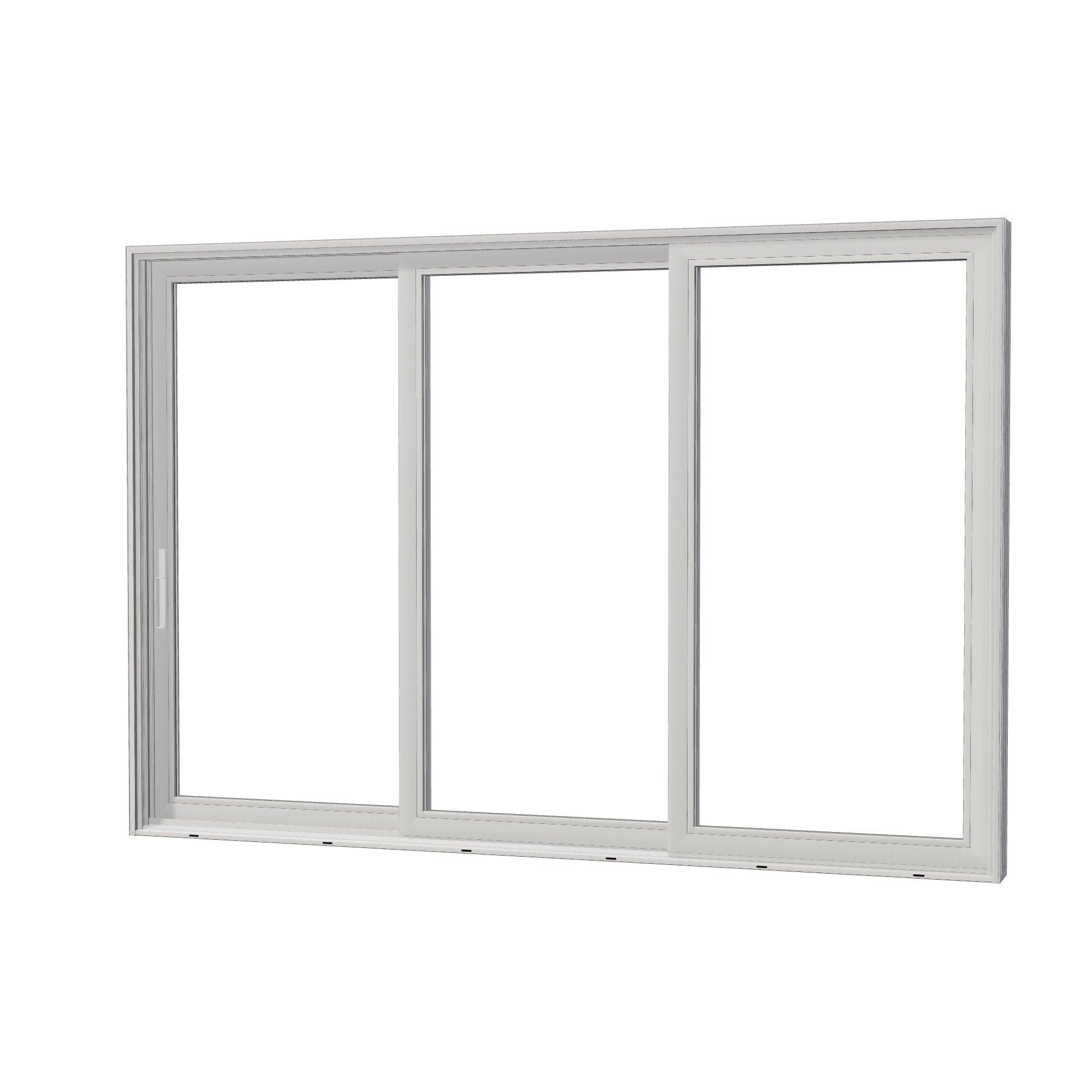 Angled exterior view of Aria 139.88 × 95.25 inch 3-Panel XXO Vinyl Sliding Patio Door — White / White