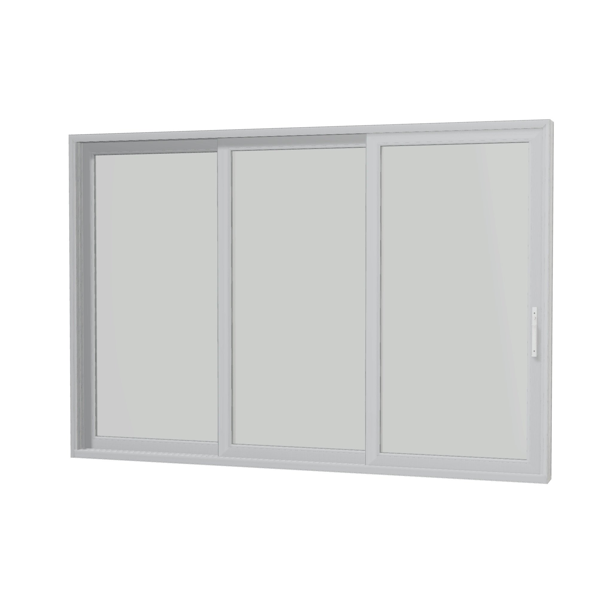 Angled interior view of Aria 139.88 × 95.25 inch 3-Panel XXO Vinyl Sliding Patio Door — White / White