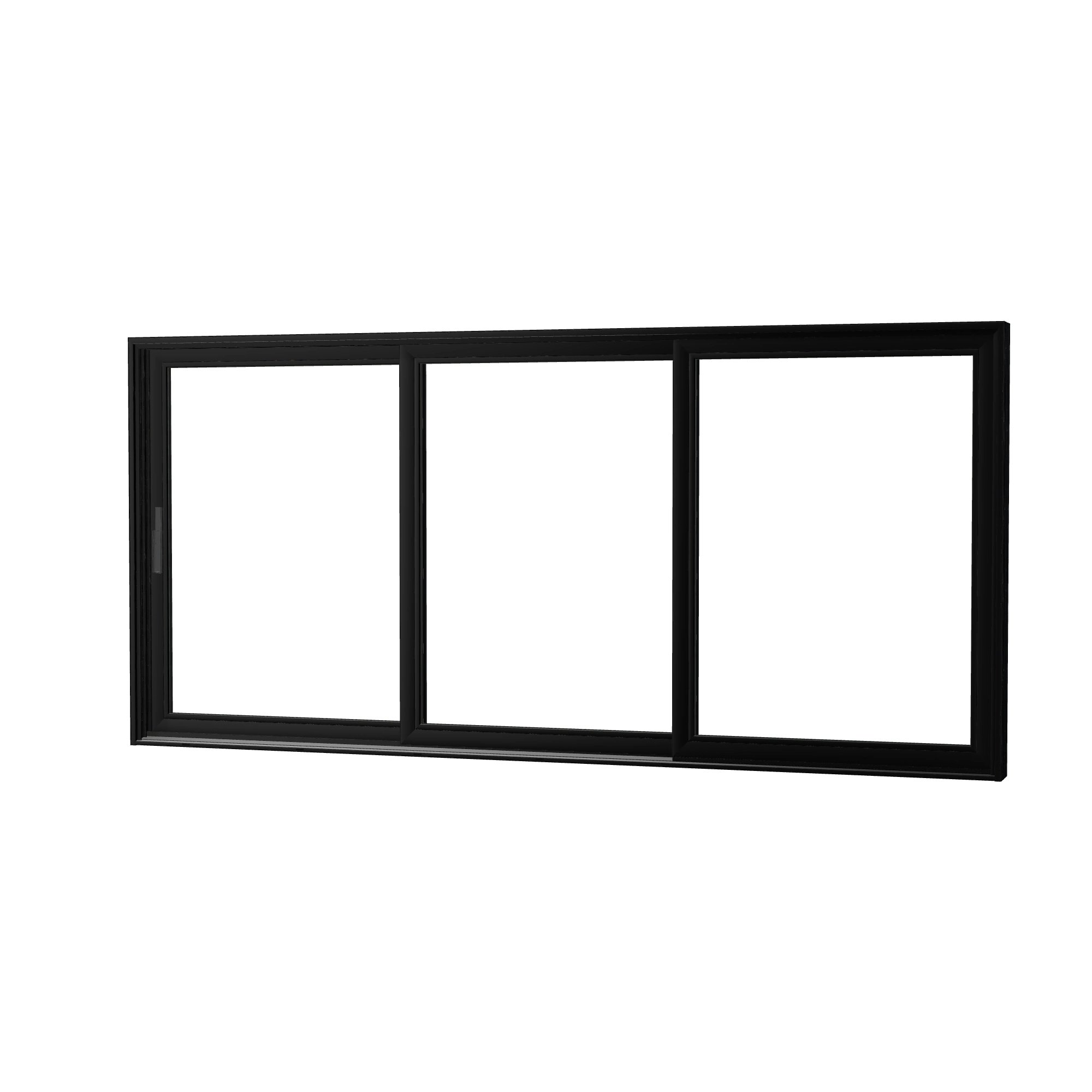 Angled exterior view of Aria 168 × 79.25 inch 3-Panel XXO Vinyl Sliding Patio Door — Black / White