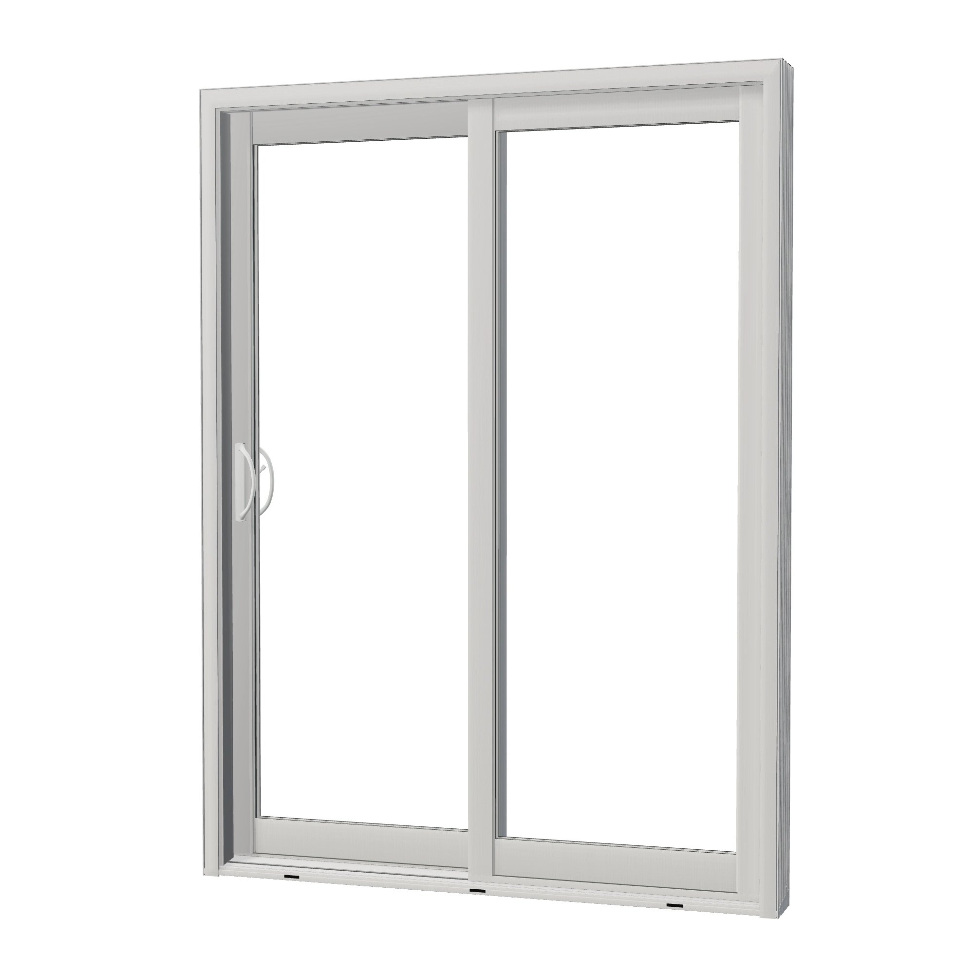 Angled exterior view of Capri 58.75 × 79.25 inch 2-Panel LO Vinyl Sliding Patio Door — White / White