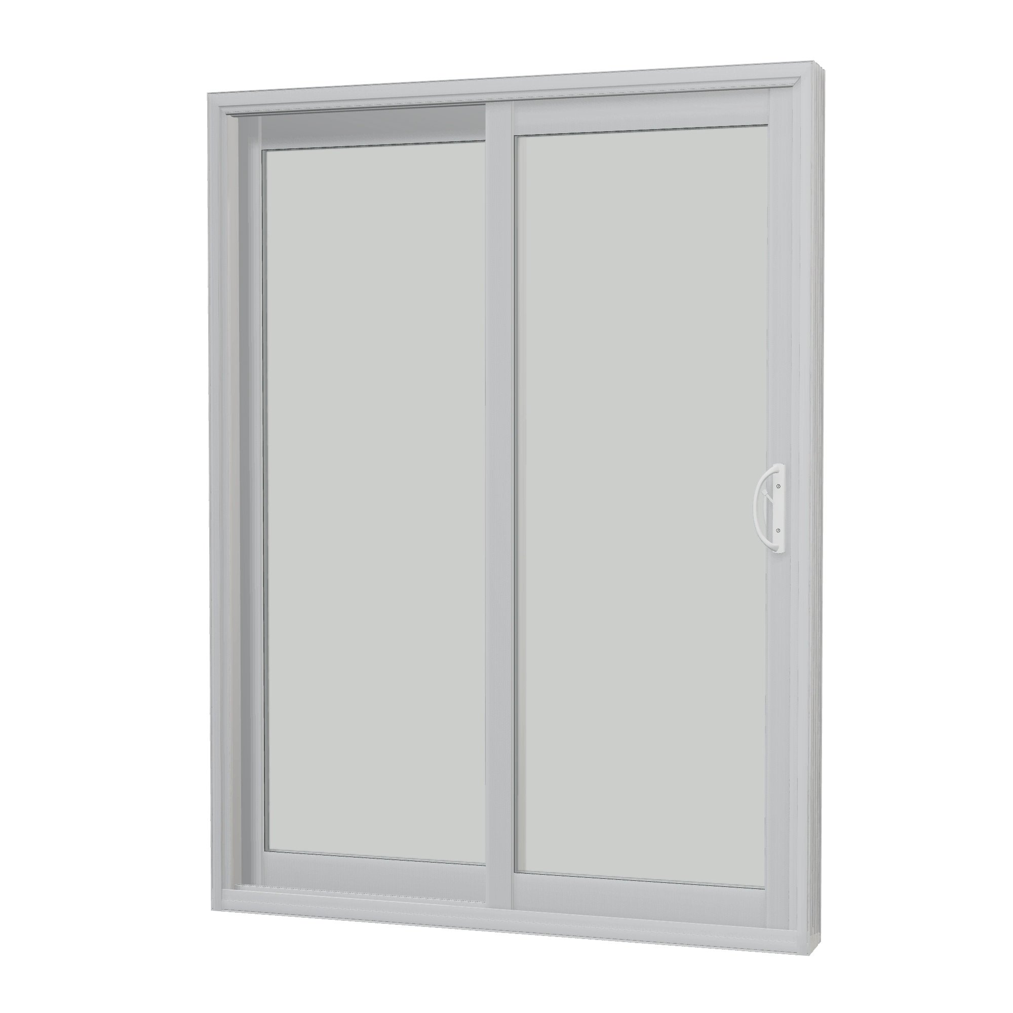 Angled interior view of Capri 58.75 × 79.25 inch 2-Panel LO Vinyl Sliding Patio Door — White / White