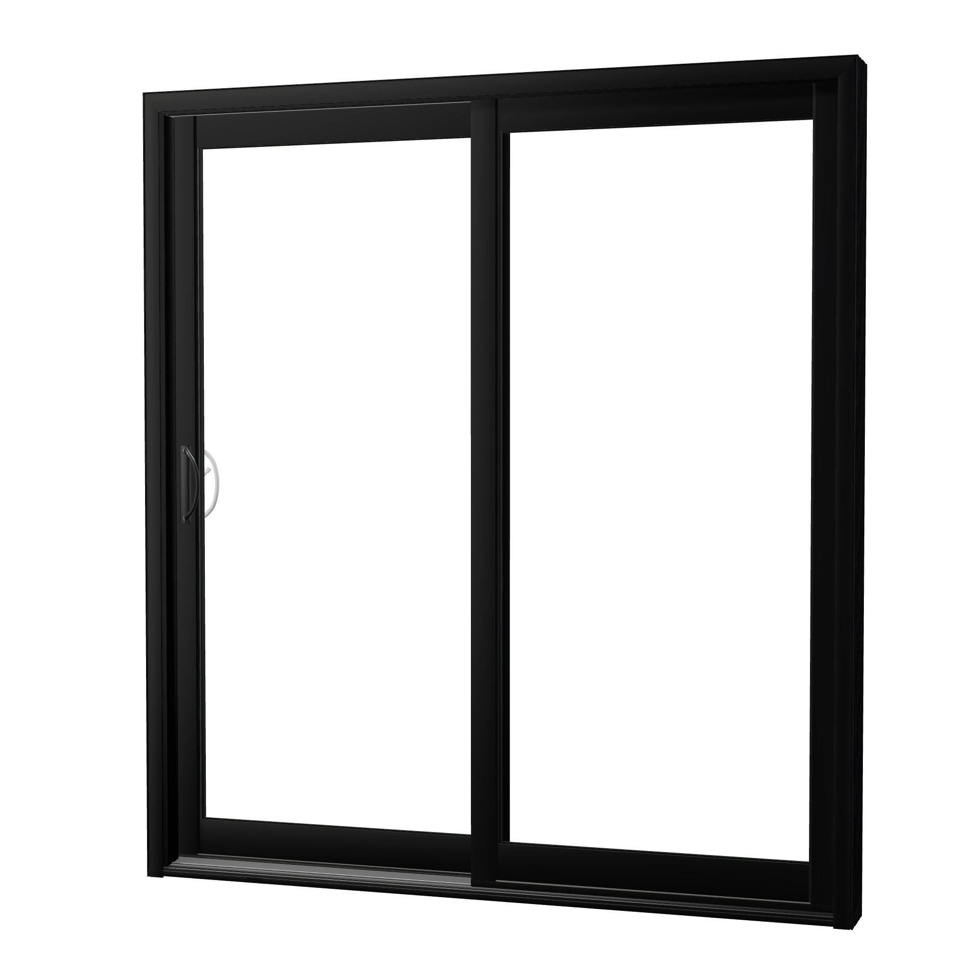 Angled exterior view of Capri 71.5 × 79.25 inch 2-Panel LO Vinyl Sliding Patio Door — Black / White