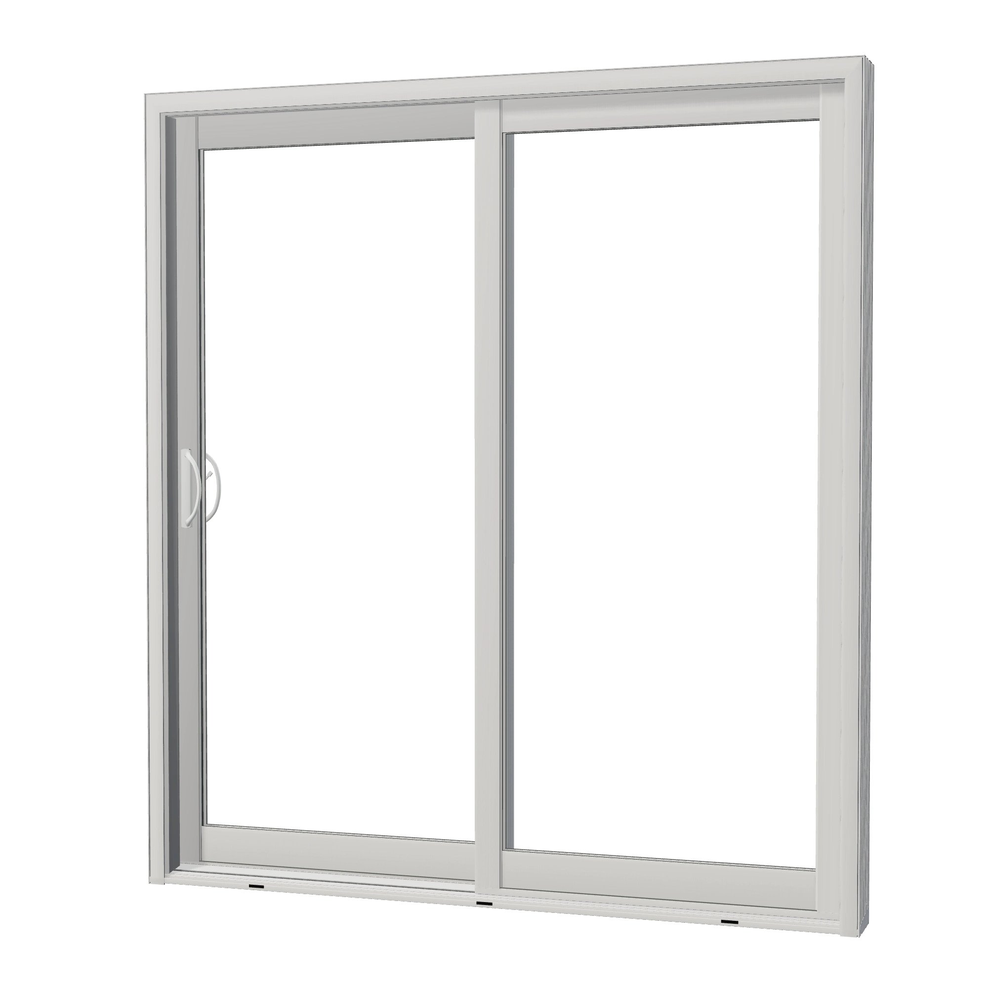 Angled exterior view of Capri 71.5 × 79.25 inch 2-Panel LO Vinyl Sliding Patio Door — White / White