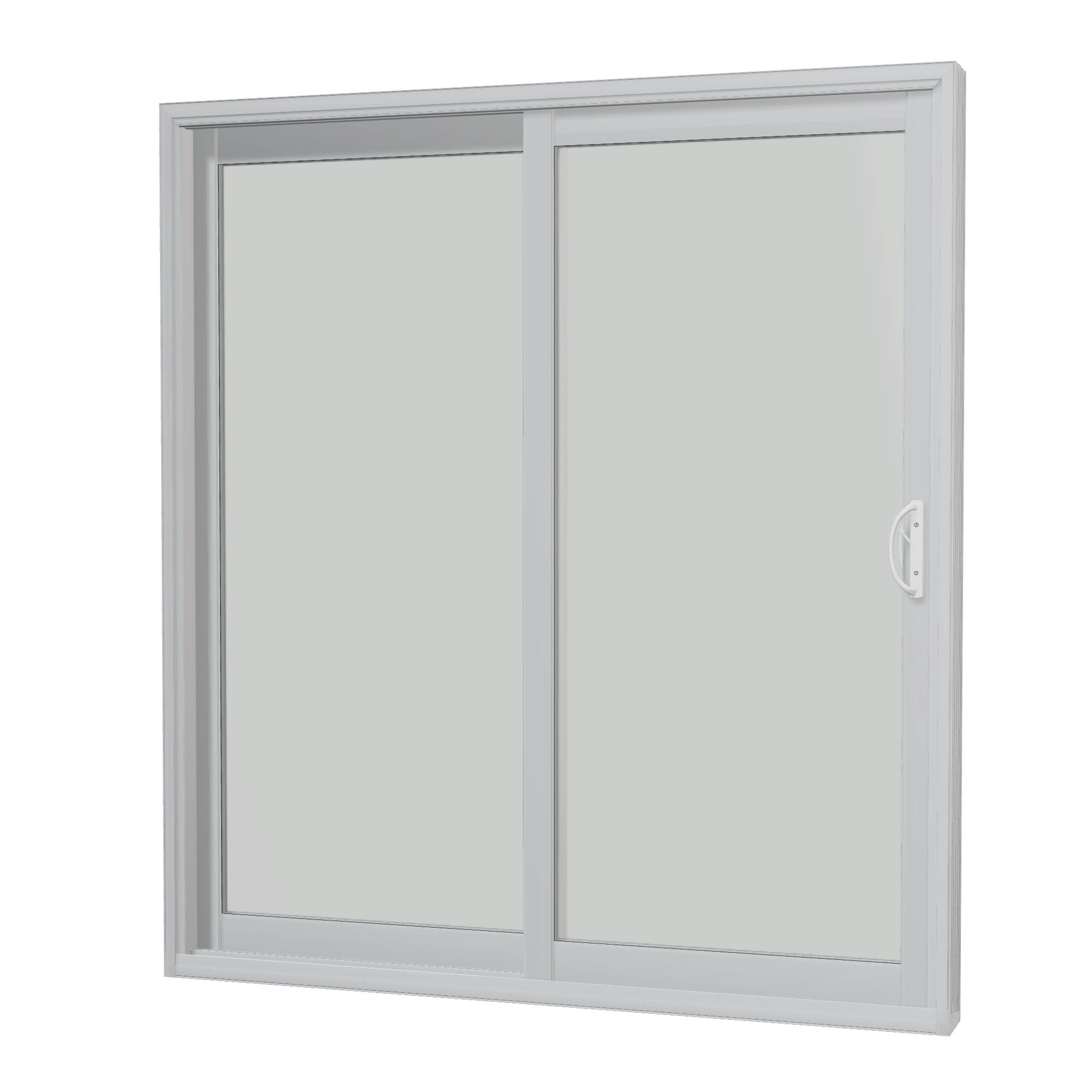 Angled interior view of Capri 71.5 × 79.25 inch 2-Panel LO Vinyl Sliding Patio Door — White / White