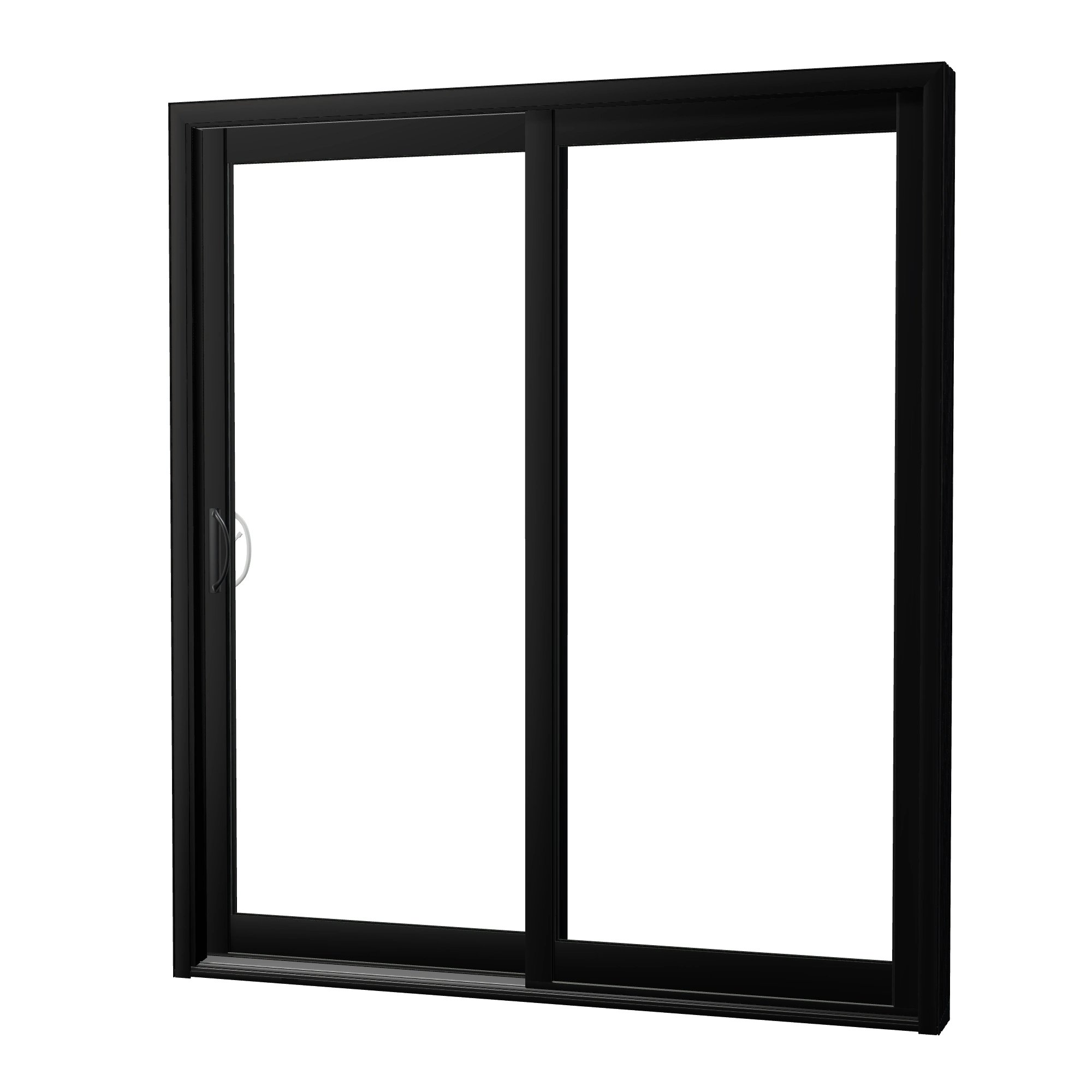 Angled exterior view of Capri 71.5 × 81.25 inch 2-Panel LO Vinyl Sliding Patio Door — Black / White