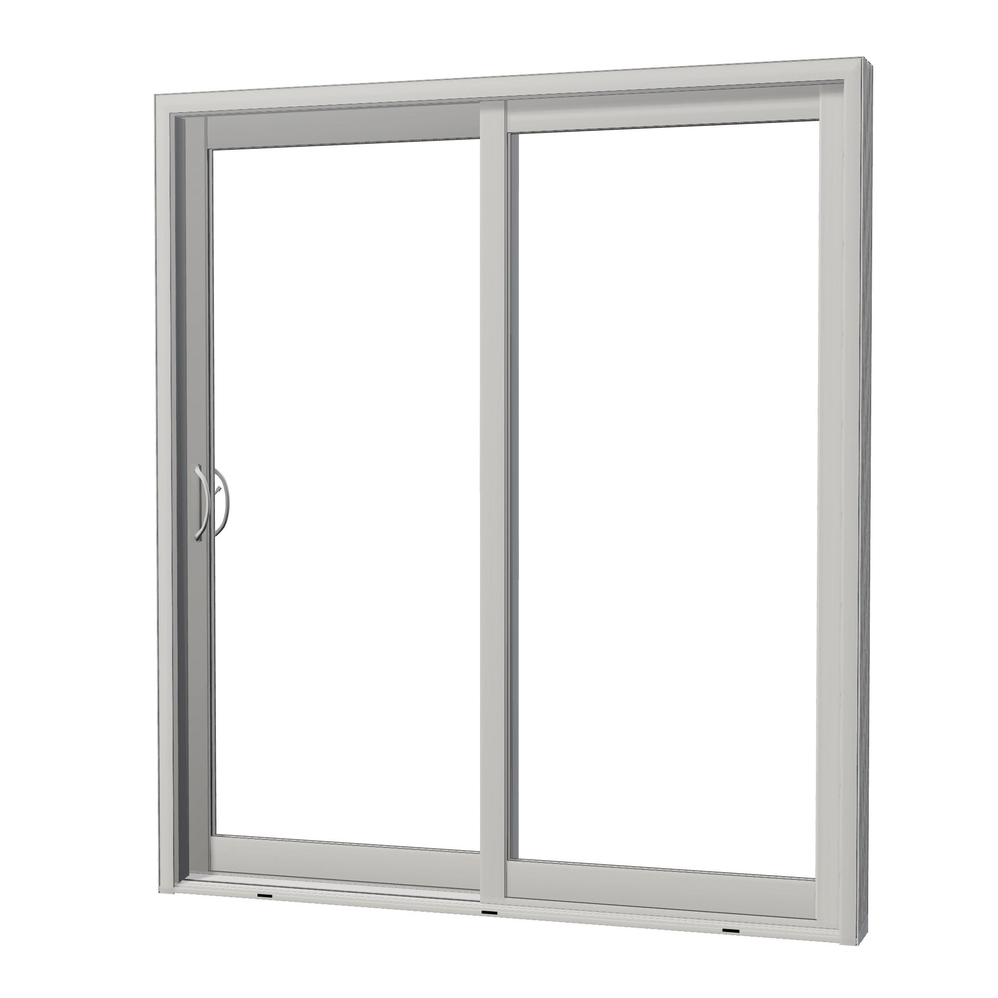 Angled exterior view of Capri 71.5 × 81.25 inch 2-Panel LO Vinyl Sliding Patio Door — White / White