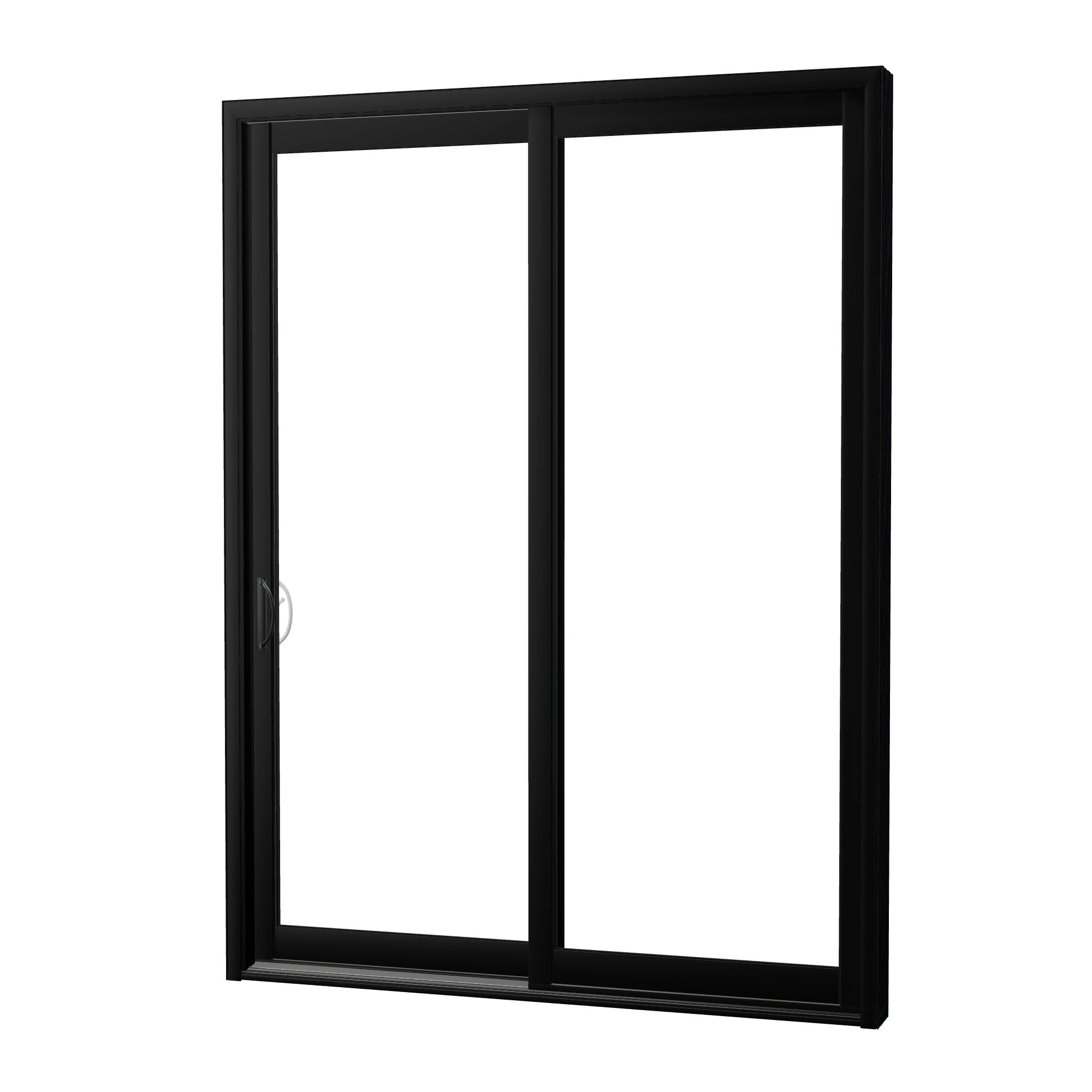 Angled exterior view of Capri 71.5 × 95.25 inch 2-Panel LO Vinyl Sliding Patio Door — Black / White