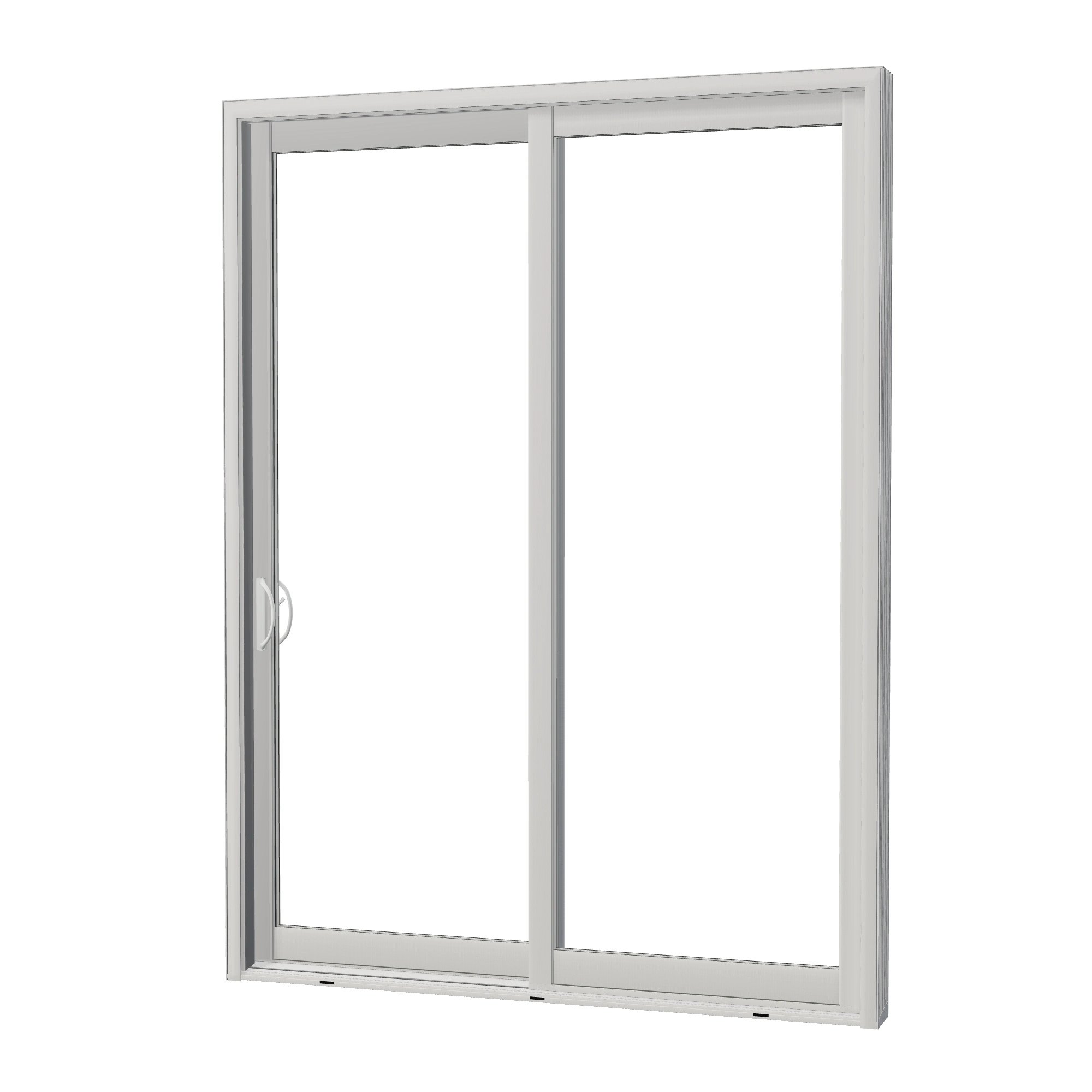 Angled exterior view of Capri 71.5 × 95.25 inch 2-Panel LO Vinyl Sliding Patio Door — White / White