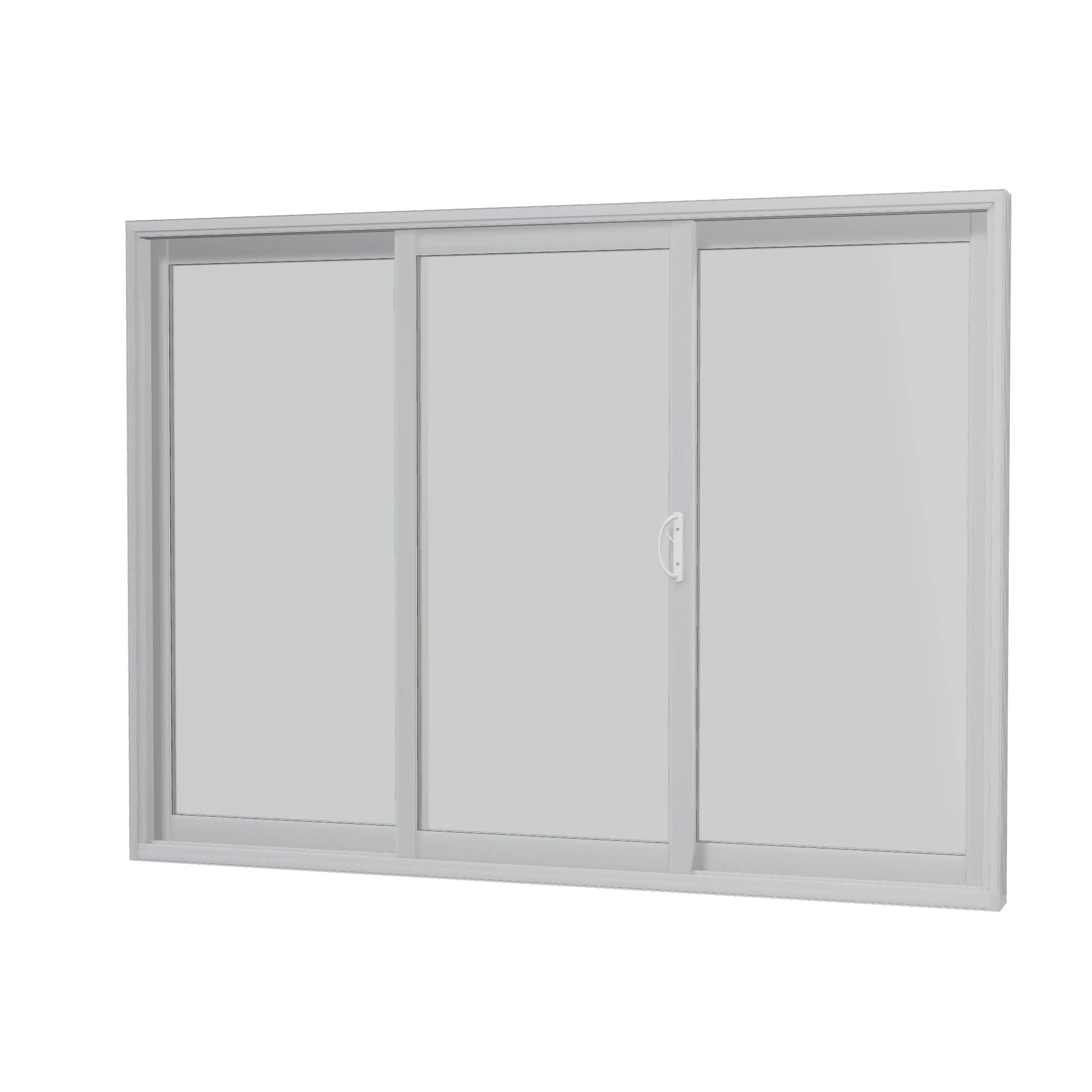 Angled interior view of Capri 107.25 × 79.25 inch 3-Panel OLO Vinyl Sliding Patio Door — White / White