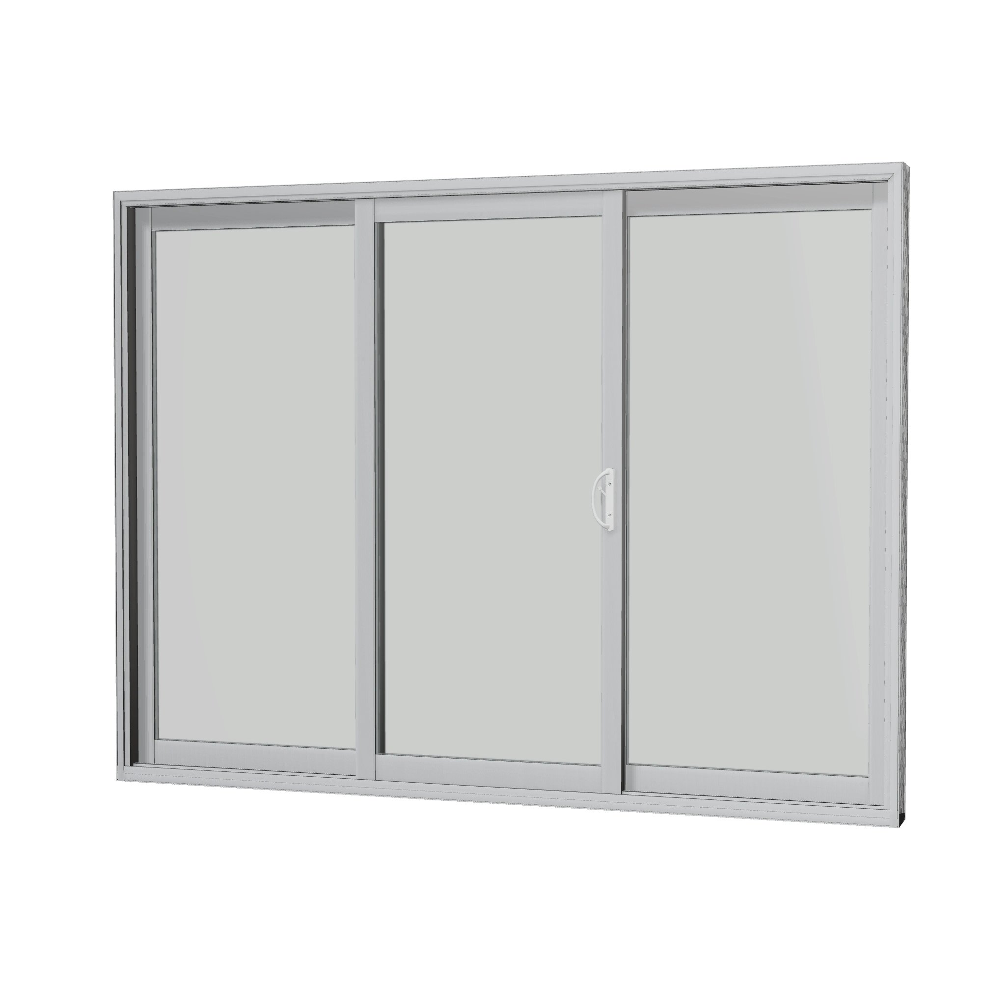 Angled interior view of Capri 107.25 × 81.25 inch 3-Panel OLO Vinyl Sliding Patio Door — Black / White