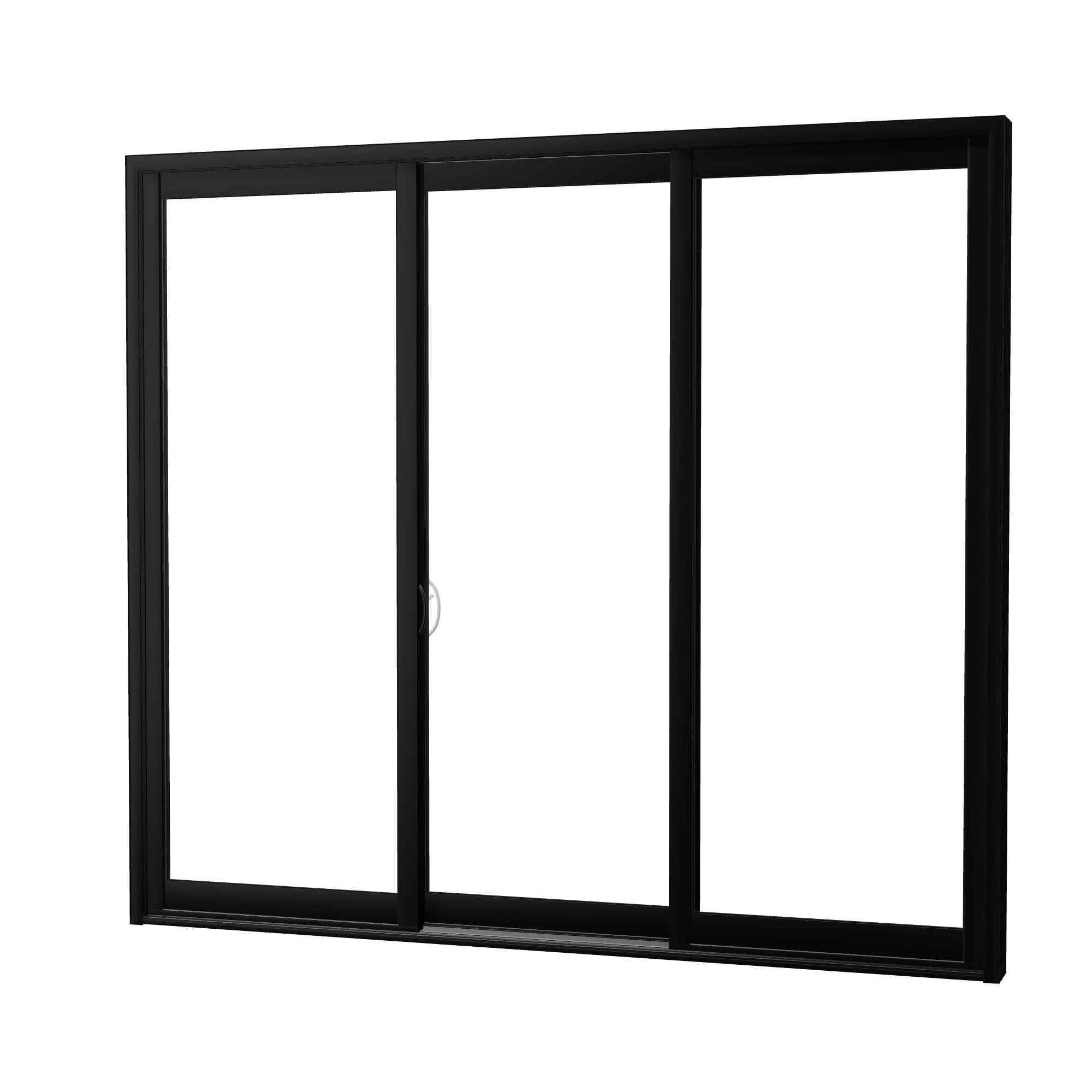 Angled exterior view of Capri 107.25 × 95.25 inch 3-Panel OLO Vinyl Sliding Patio Door — Black / White