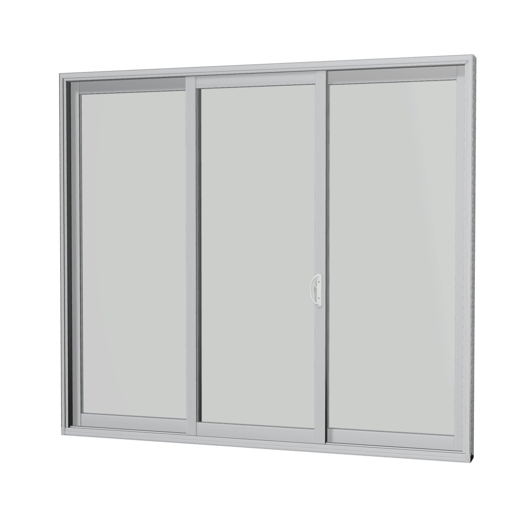 Angled interior view of Capri 107.25 × 95.25 inch 3-Panel OLO Vinyl Sliding Patio Door — Black / White