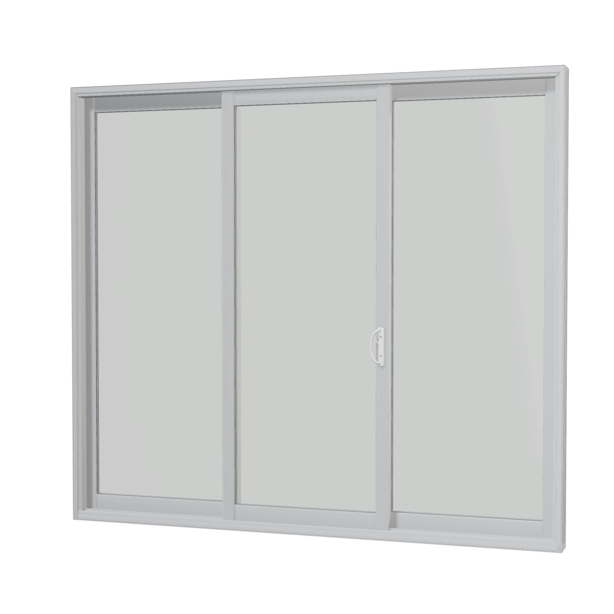 Angled interior view of Capri 107.25 × 95.25 inch 3-Panel OLO Vinyl Sliding Patio Door — White / White