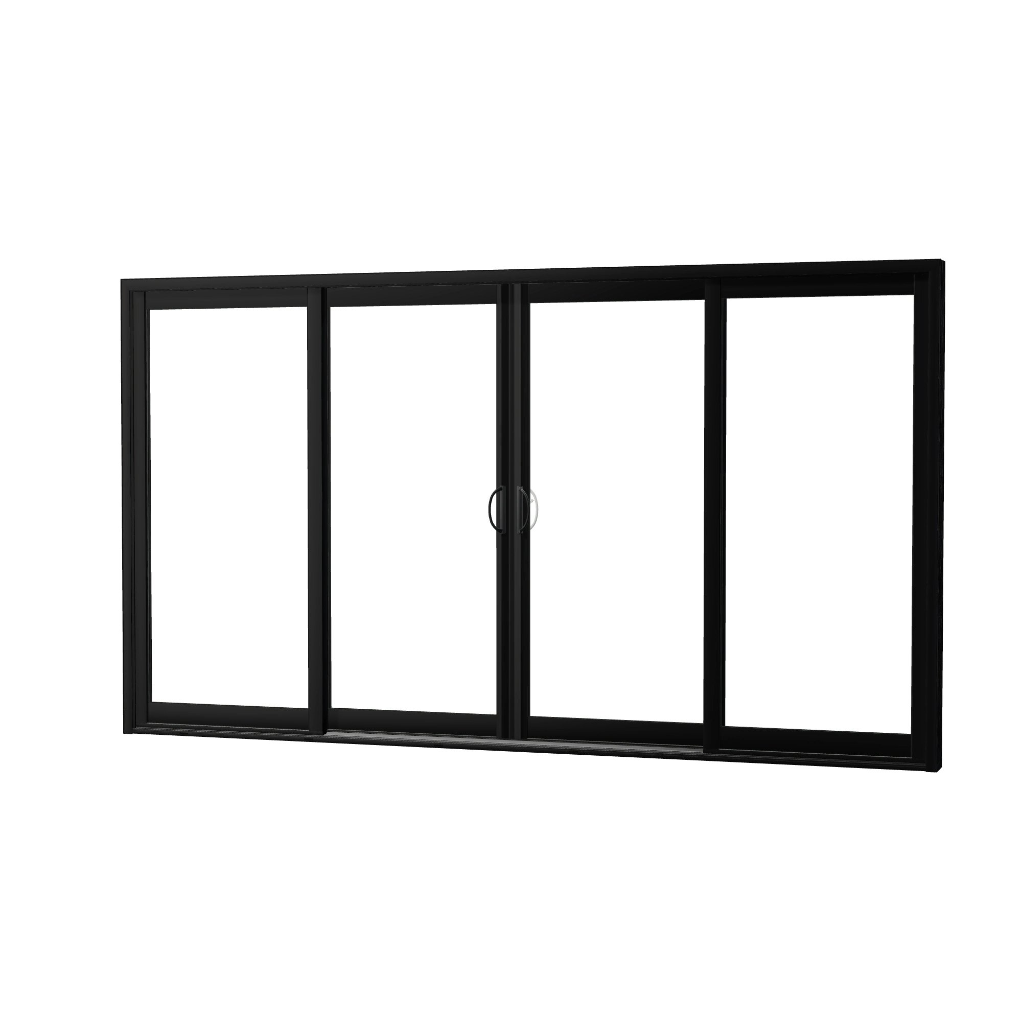 Angled exterior view of Capri 140.88 × 79.25 inch 4-Panel OLRO Vinyl Sliding Patio Door — Black / White