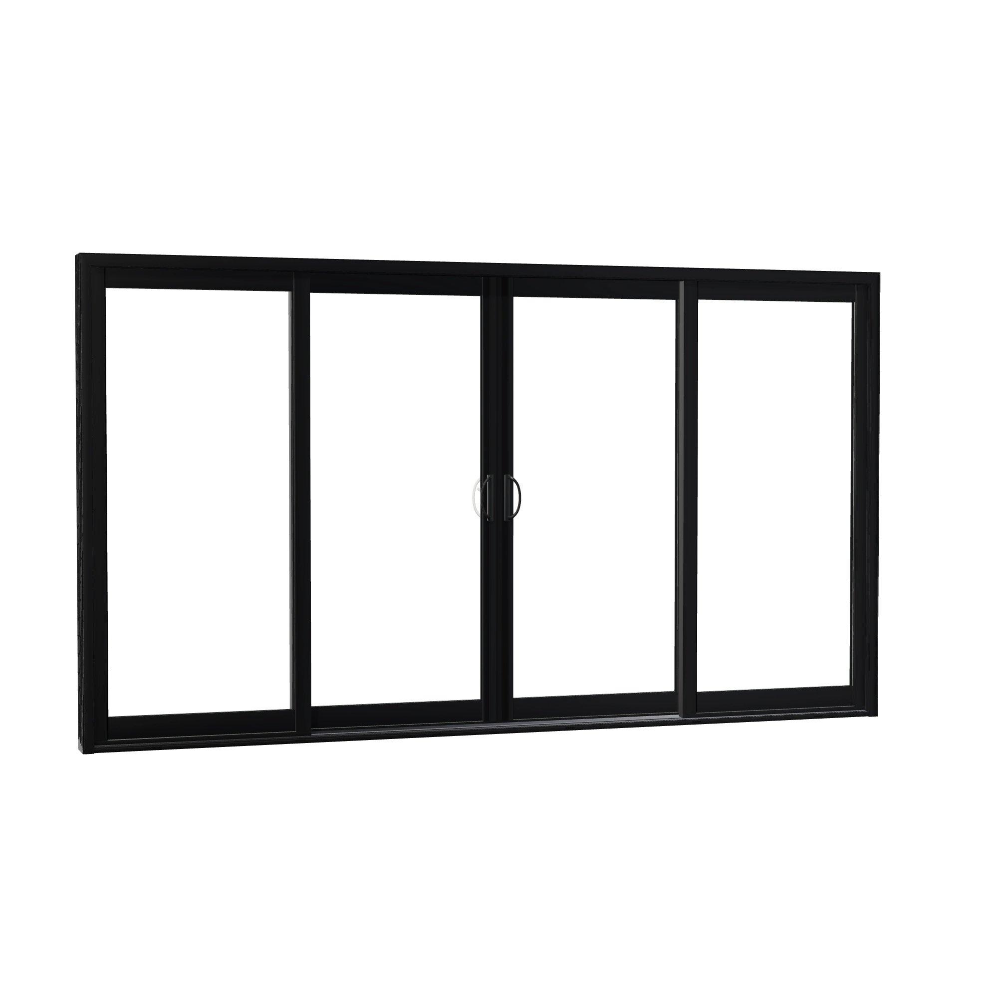 Opposite exterior angle of Capri 140.88 × 79.25 inch 4-Panel OLRO Vinyl Sliding Patio Door — Black / White