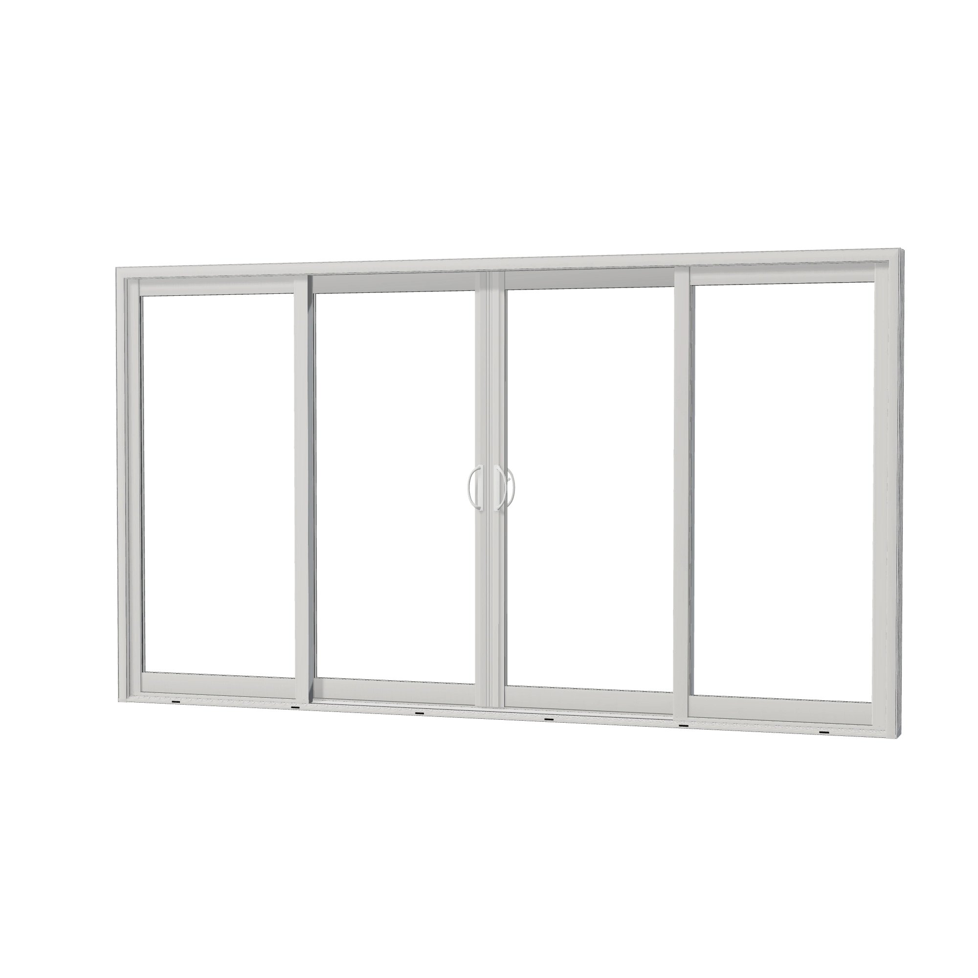Angled exterior view of Capri 140.88 × 79.25 inch 4-Panel OLRO Vinyl Sliding Patio Door — White / White